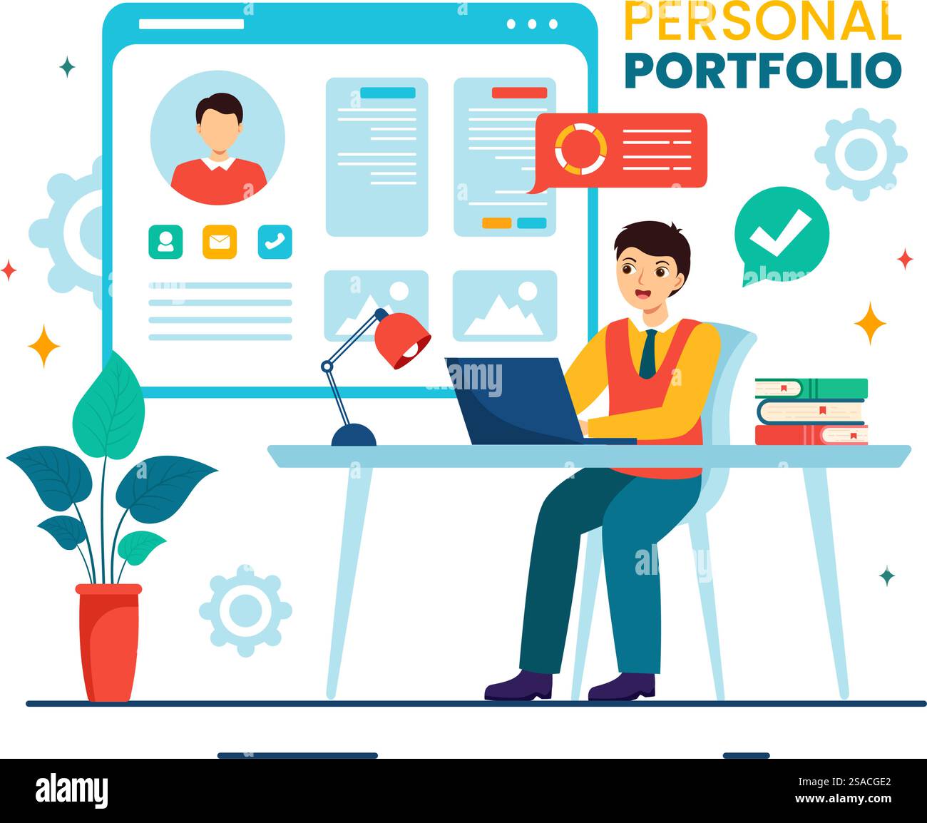 Illustrazione del vettore del portafoglio personale con dati del profilo, curriculum o auto-miglioramento per attirare clienti e datori di lavoro in background Flat Cartoon Illustrazione Vettoriale