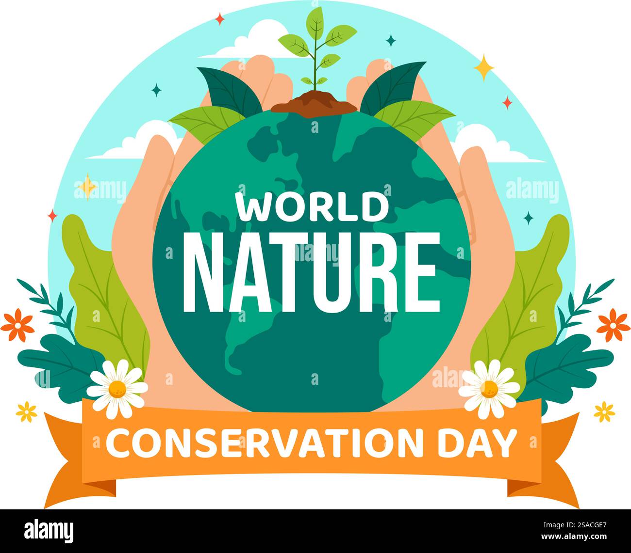 Illustrazione vettoriale della giornata mondiale della conservazione della natura con mappa mondiale, albero ed ecologia ecologica per la conservazione su sfondo piatto di cartone animato Illustrazione Vettoriale