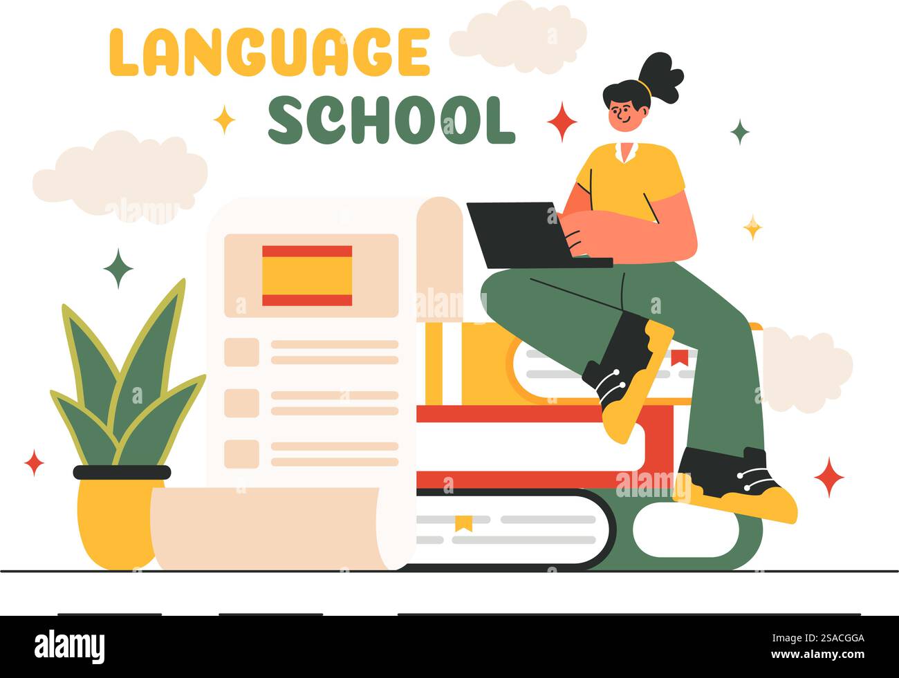 Scuola di lingue illustrazione vettoriale di apprendimento online, corsi, programmi di formazione e studio di lingue straniere all'estero in un contesto di stile piatto Illustrazione Vettoriale