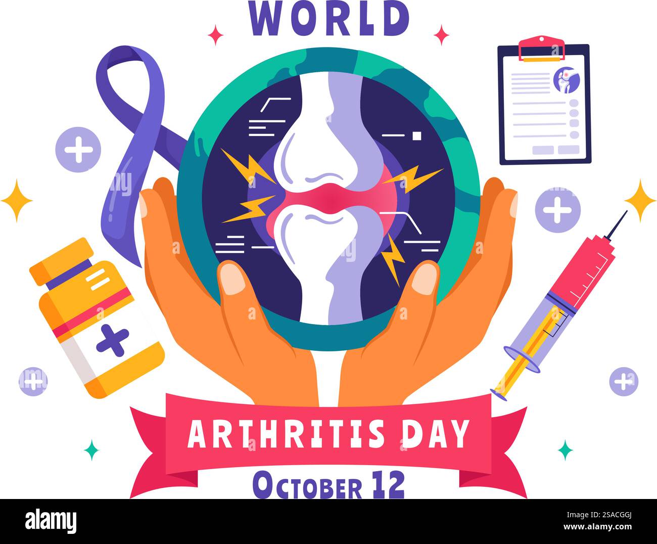Illustrazione vettoriale della giornata mondiale dell'artrite per il 12 ottobre, con trattamento medico per reumatismi e osteoartrite, con una scansione a raggi X e osso Illustrazione Vettoriale