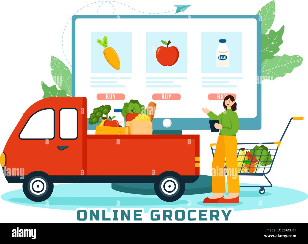Illustrazione vettoriale del negozio di alimentari online con scaffali per prodotti alimentari, rack per latticini, frutta e bevande per l'ordine di acquisto tramite telefono in background Illustrazione Vettoriale