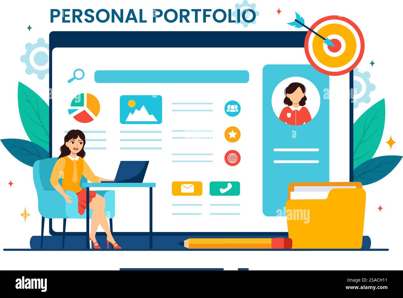 Illustrazione del vettore del portafoglio personale con dati del profilo, curriculum o auto-miglioramento per attirare clienti e datori di lavoro in background Flat Cartoon Illustrazione Vettoriale