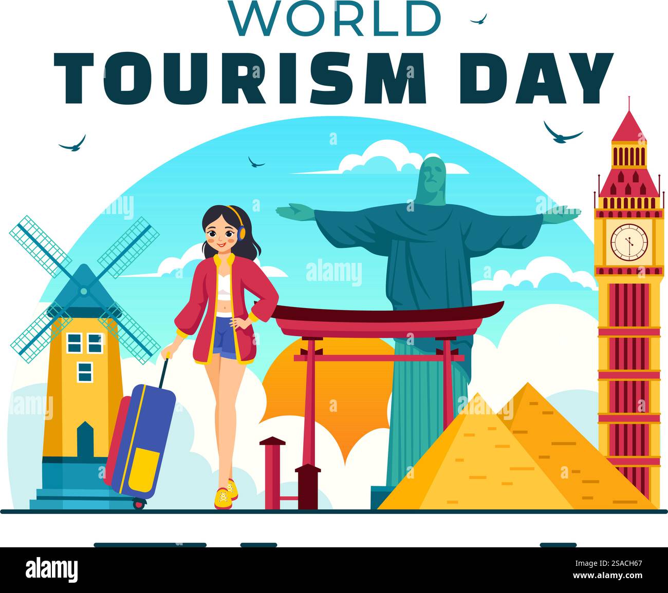 Illustrazione vettoriale della giornata Mondiale del Turismo con un globo e famosi monumenti, monumenti architettonici e statue nazionali sullo sfondo di un cartone animato Illustrazione Vettoriale