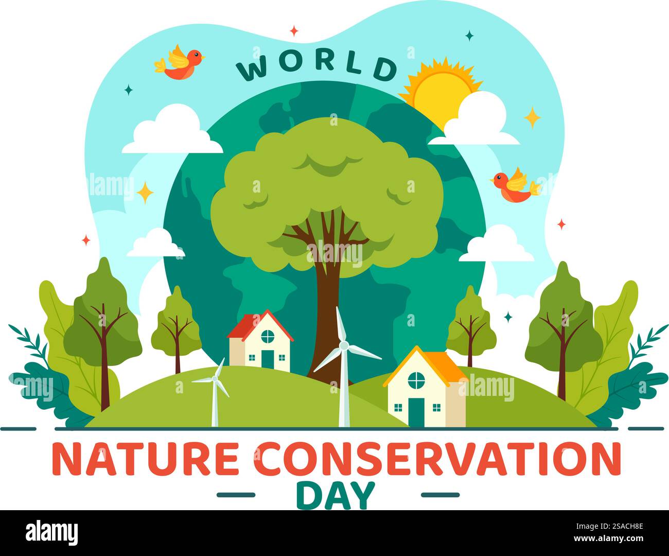 Illustrazione vettoriale della giornata mondiale della conservazione della natura con mappa mondiale, albero ed ecologia ecologica per la conservazione su sfondo piatto di cartone animato Illustrazione Vettoriale