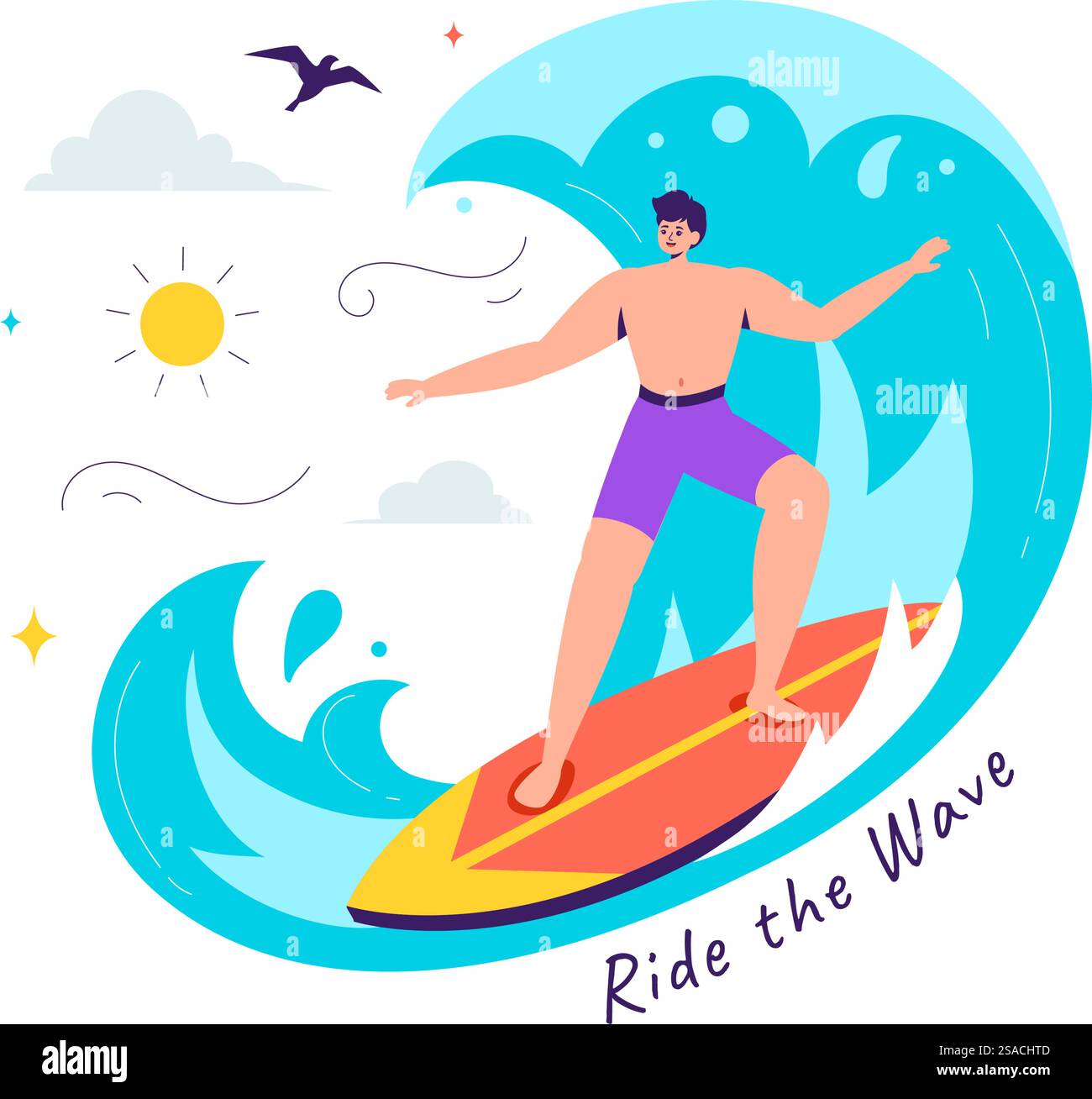 Summer Surfing Vector illustrazione di attività sportive acquatiche, con tavole da surf cavalcando onde oceaniche o galleggiando su uno sfondo di cartone animato in stile piatto Illustrazione Vettoriale