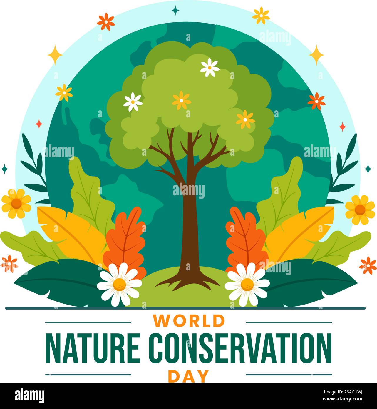 Illustrazione vettoriale della giornata mondiale della conservazione della natura con mappa mondiale, albero ed ecologia ecologica per la conservazione su sfondo piatto di cartone animato Illustrazione Vettoriale