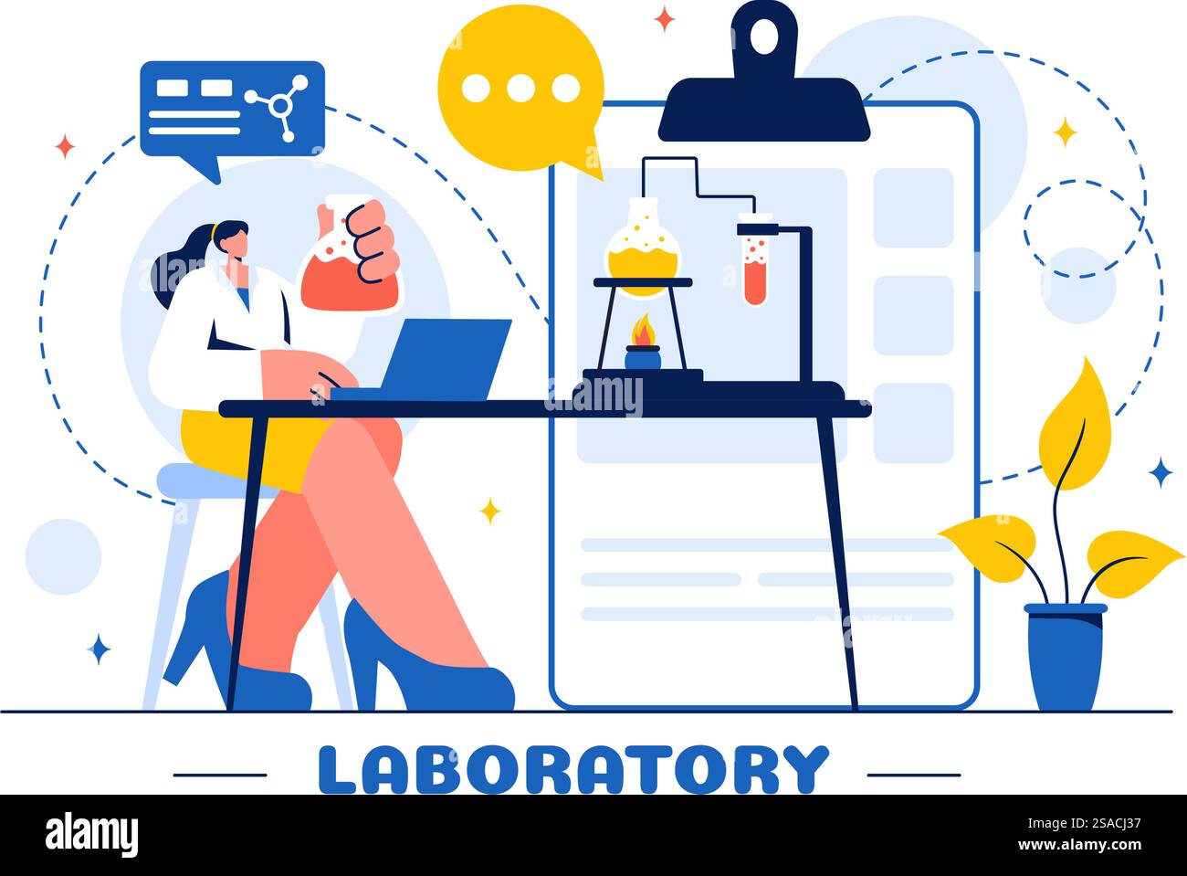 Un'illustrazione vettoriale di un laboratorio che conduce ricerche scientifiche, sperimentazioni e misurazioni su uno sfondo in stile cartone animato piatto Illustrazione Vettoriale