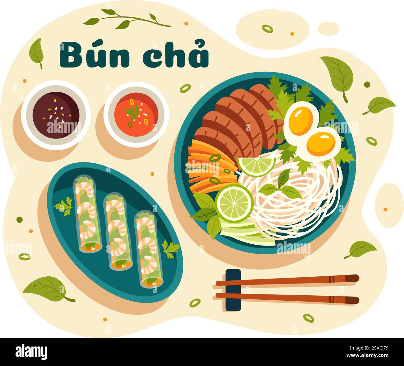 Ristorante vietnamita Vector illustrazione di Un menu che presenta una collezione di vari piatti della cucina deliziosa in uno sfondo di cartone animato in stile piatto Illustrazione Vettoriale