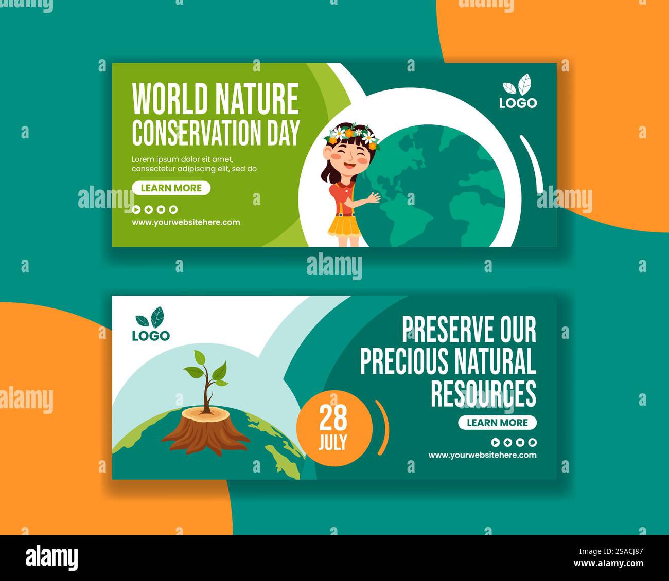 Banner orizzontale giorno conservazione natura cartone animato piatto modelli disegnati a mano illustrazione di sfondo Illustrazione Vettoriale