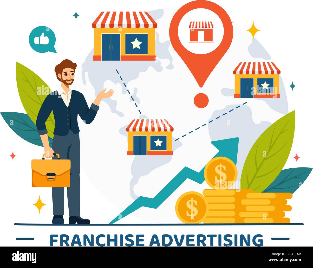 Pubblicità in franchising illustrazione vettoriale con aziende e finanza per promuovere il successo del marchio o del marketing in Flat Cartoon background Illustrazione Vettoriale