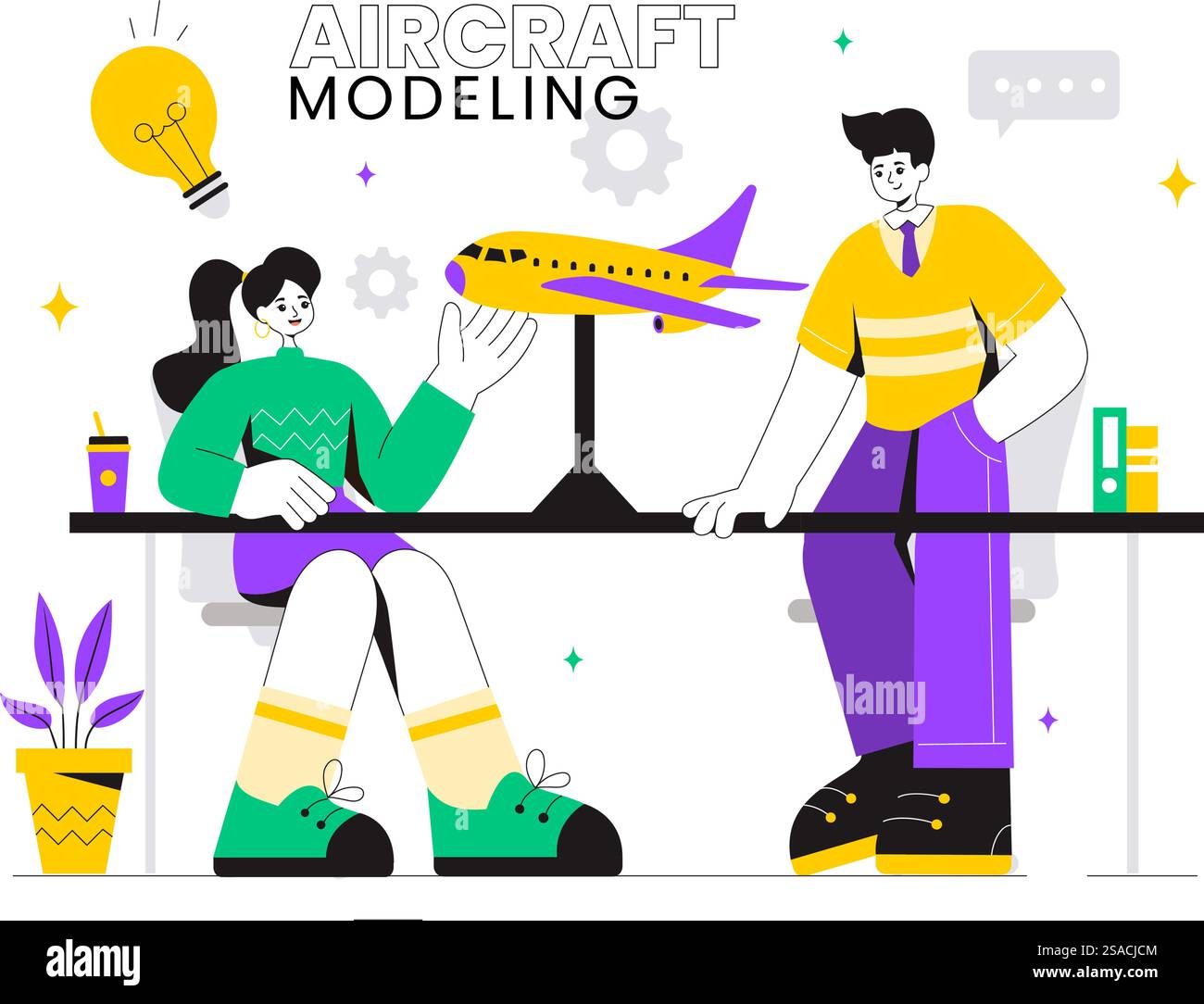 Modellazione di aeromobili e creazione di un'illustrazione vettoriale con assemblaggio o verniciatura di un modello di aereo enorme come una replica di un esistente sullo sfondo Illustrazione Vettoriale