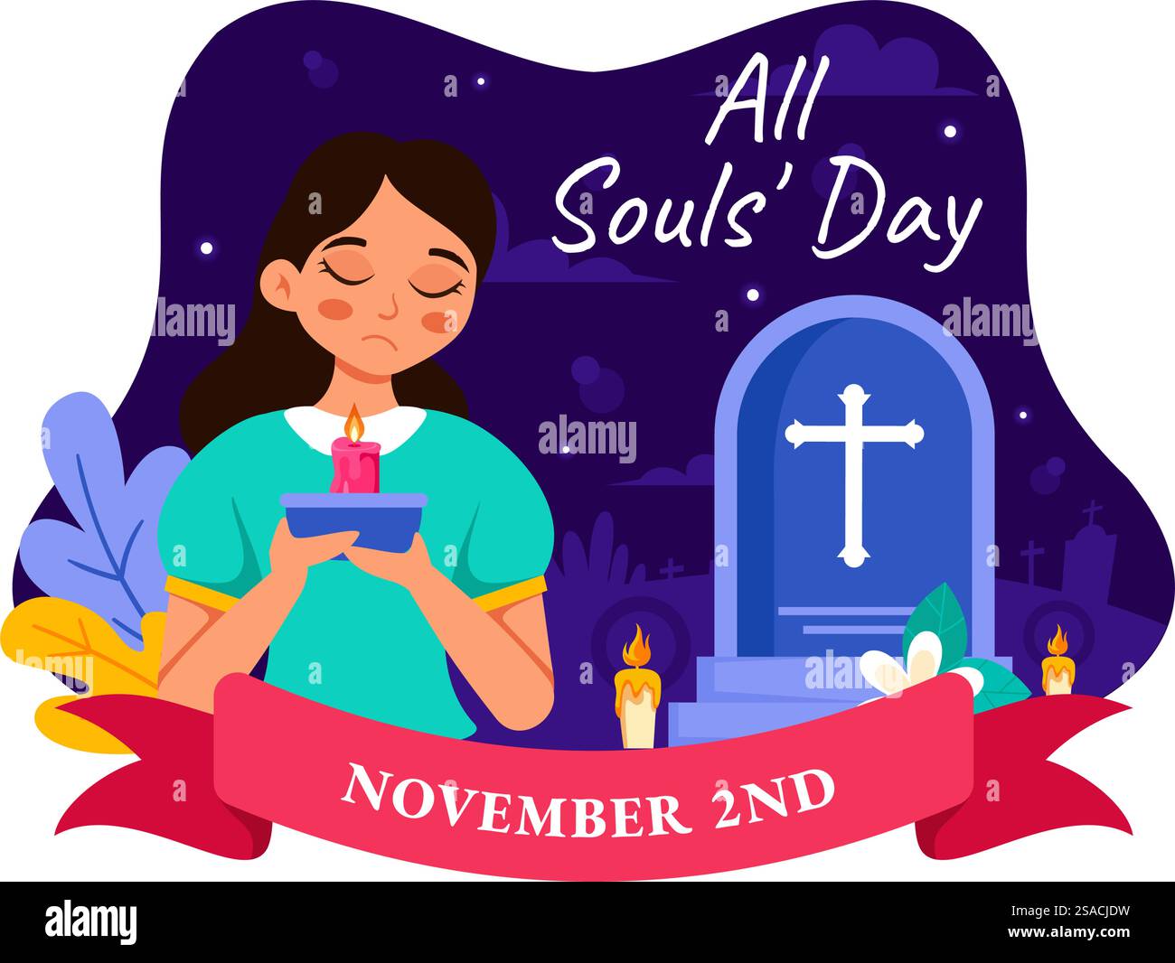 All Souls&rsquo; Day Vector Illustration to Honor e commemorare le anime dei credenti deceduti nella fede cristiana con candele sullo sfondo Illustrazione Vettoriale