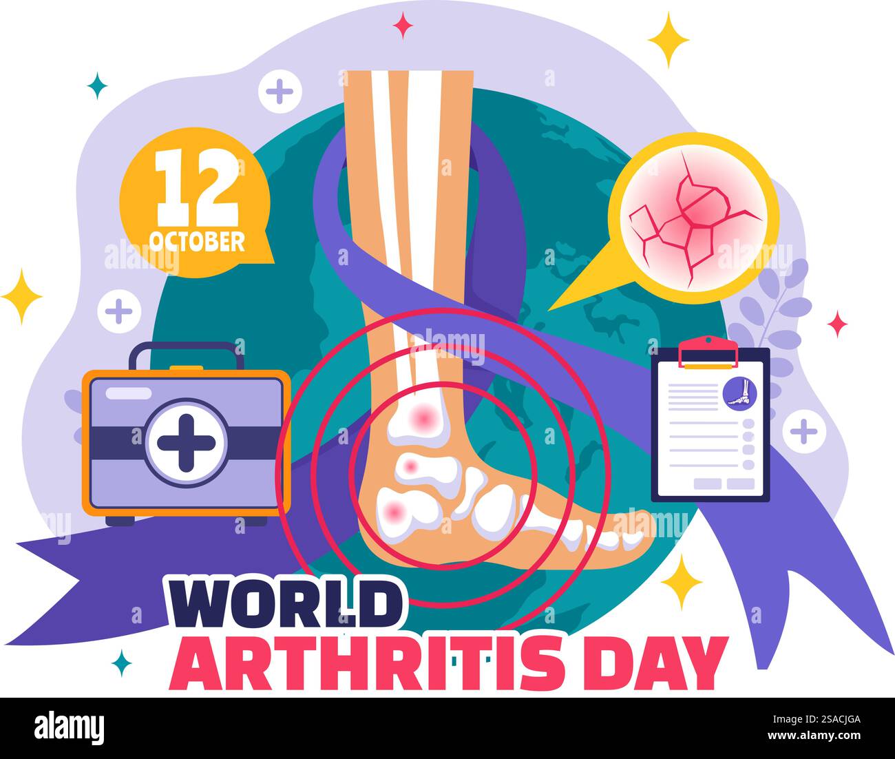 Illustrazione vettoriale della giornata mondiale dell'artrite per il 12 ottobre, con trattamento medico per reumatismi e osteoartrite, con una scansione a raggi X e osso Illustrazione Vettoriale