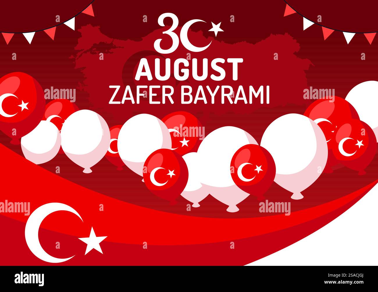 Illustrazione vettoriale di Zafer Bayrami. Traduzione: Agosto 30 celebrazione della Vittoria e giornata Nazionale in Turchia. Con indicatore ondulazione su sfondo piatto Illustrazione Vettoriale