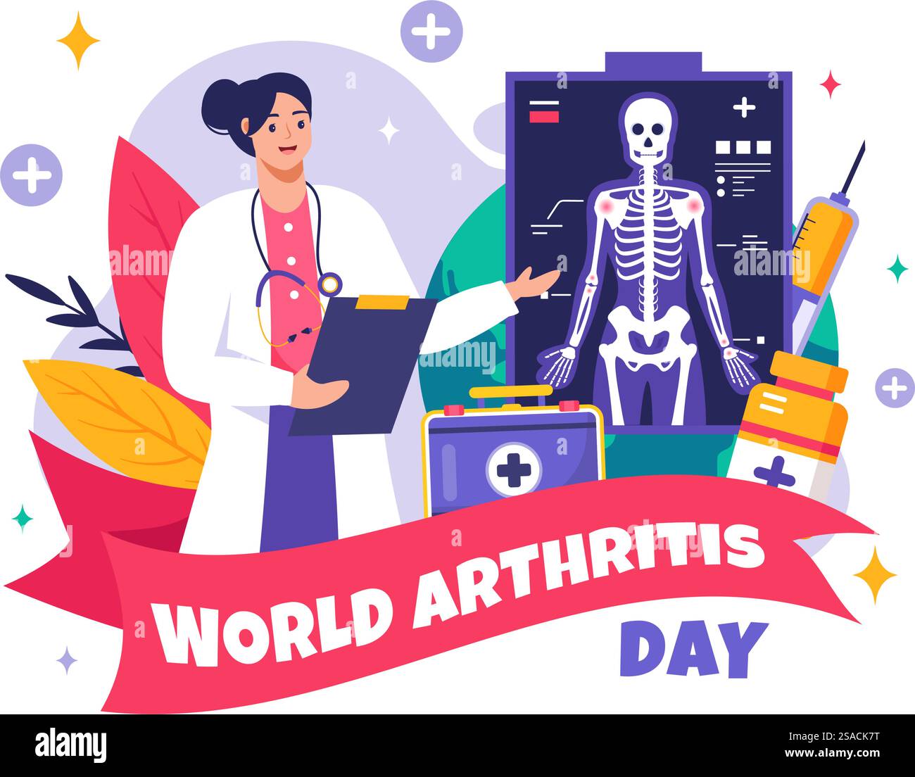 Illustrazione vettoriale della giornata mondiale dell'artrite per il 12 ottobre, con trattamento medico per reumatismi e osteoartrite, con una scansione a raggi X e osso Illustrazione Vettoriale