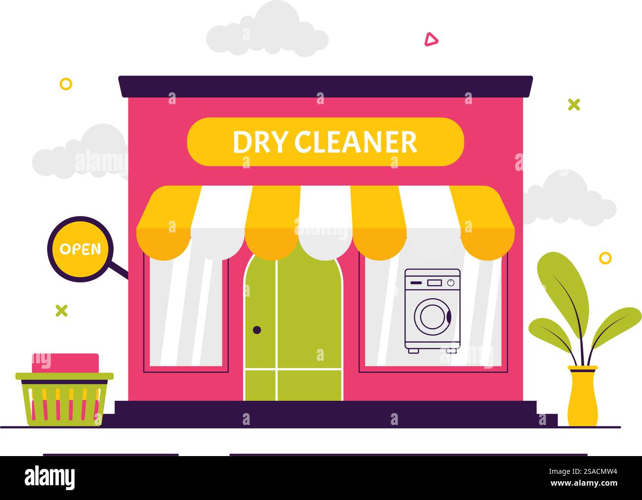 Illustrazione vettoriale del servizio di lavaggio a secco con lavatrici, asciugatrici e servizi di lavanderia per abbigliamento pulito e fresco sullo sfondo Illustrazione Vettoriale