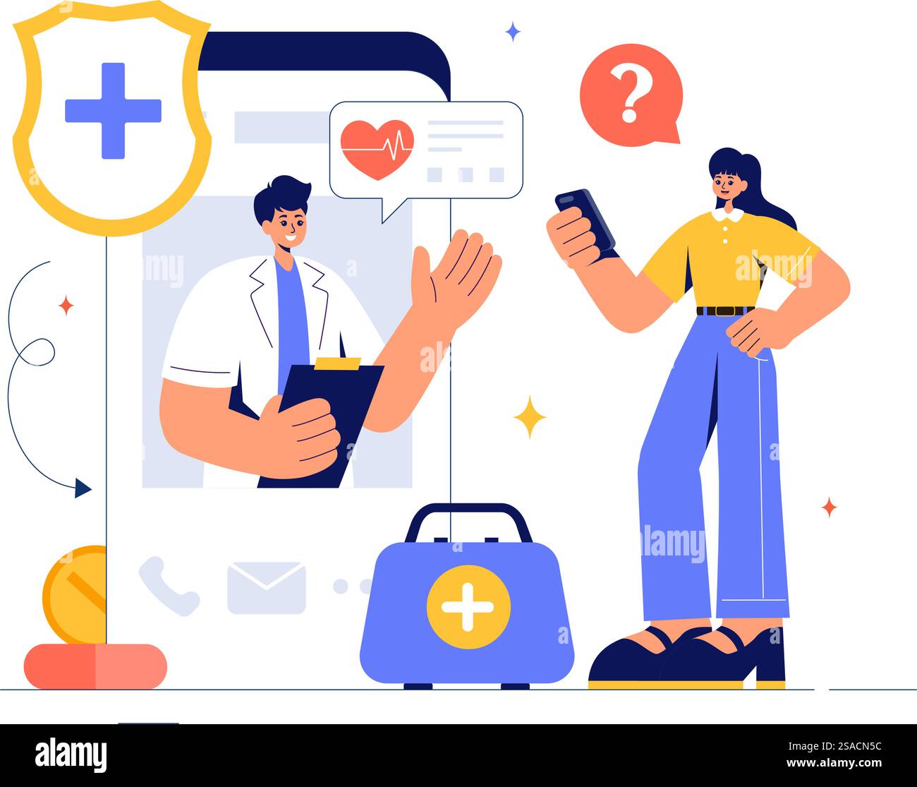 Illustrazione del vettore della tecnologia sanitaria che presenta i moderni dispositivi ad alta tecnologia utilizzati nella vita di tutti i giorni per monitorare le condizioni di salute in uno sfondo piatto Illustrazione Vettoriale