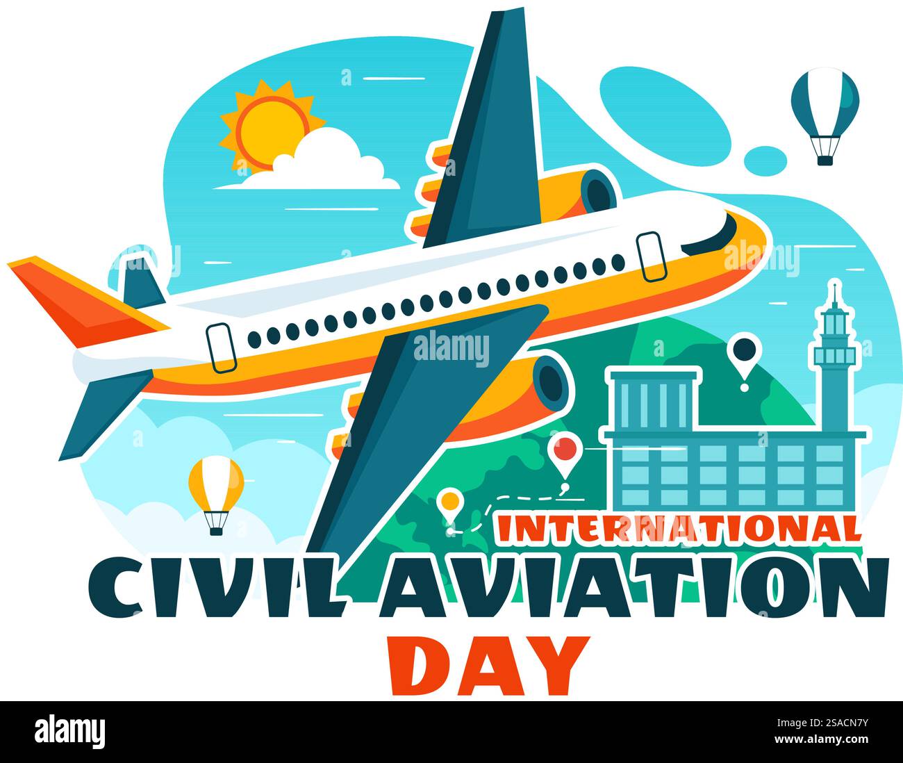 Illustrazione vettoriale della giornata internazionale dell'aviazione civile il 7 dicembre con Airplane e Sky Blue View in apprezzamento dell'aviazione su sfondo piatto Illustrazione Vettoriale