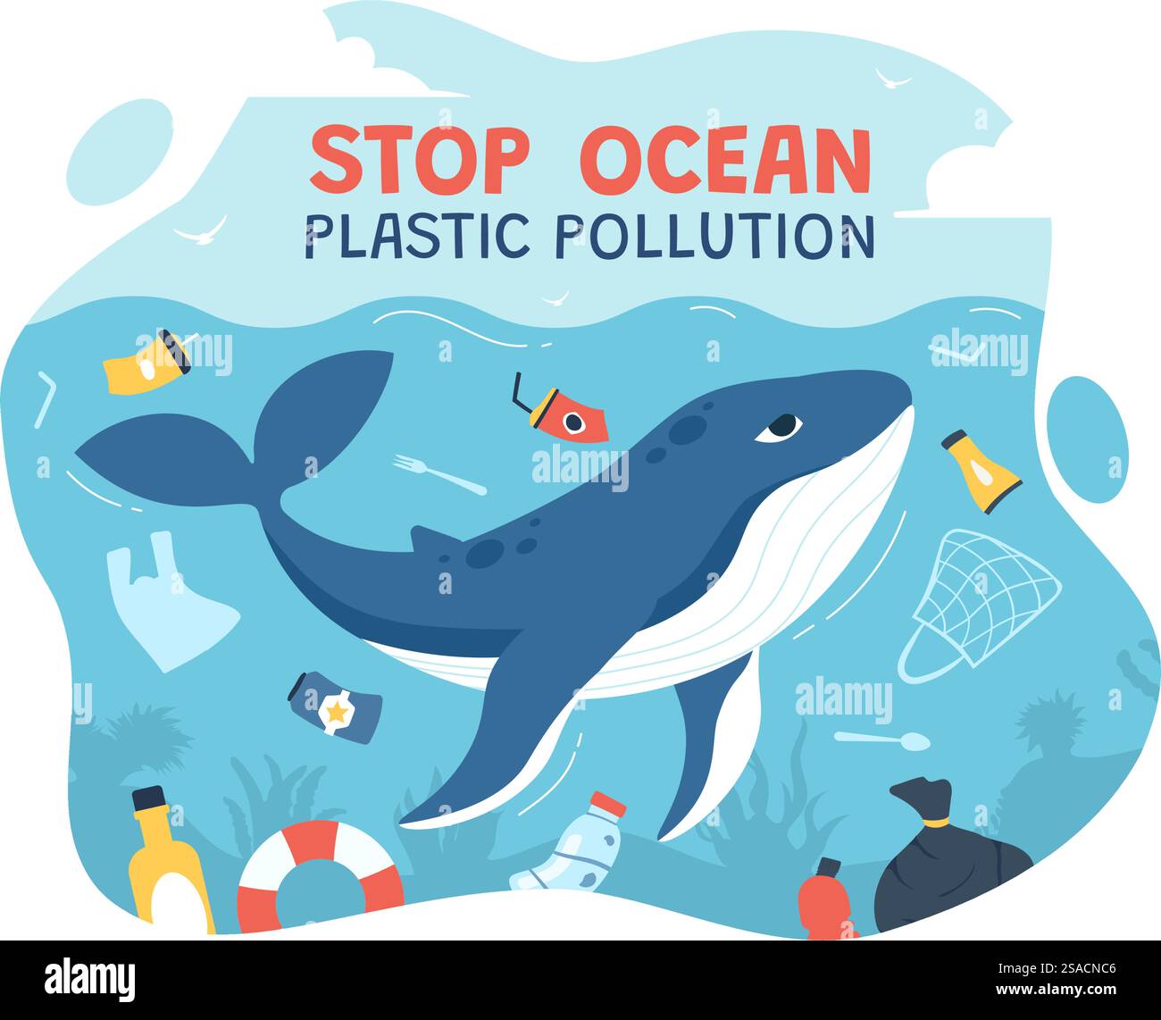 Ferma l'illustrazione dei vettori di inquinamento in plastica dell'oceano con Trash Under the Sea Like a Waste Bags and Bottles, danneggiando l'ecosistema delle barriere coralline e dei pesci Illustrazione Vettoriale