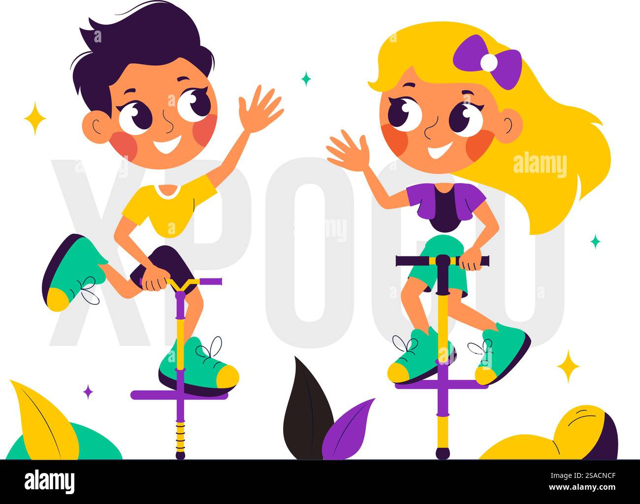 XPogo Stick Jumping Sport Vector Illustration in Outdoor Playful Scene con sfondo da cartone animato piatto Illustrazione Vettoriale