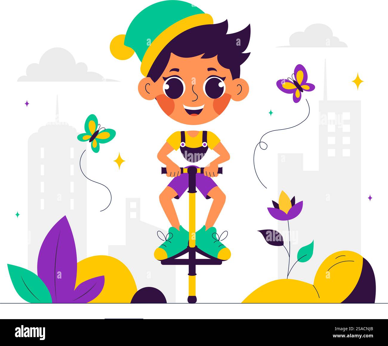 XPogo Stick Jumping Sport Vector Illustration in Outdoor Playful Scene con sfondo da cartone animato piatto Illustrazione Vettoriale