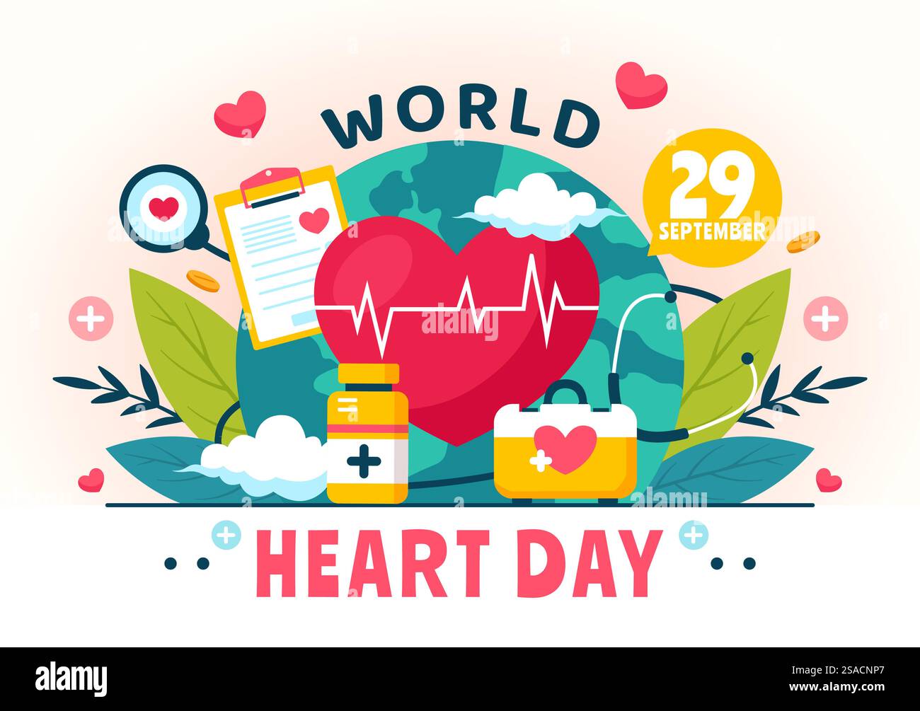 Illustrazione vettoriale della giornata mondiale del cuore il 29 settembre per aumentare la consapevolezza sull'importanza della salute, della cura e della prevenzione delle malattie in background Illustrazione Vettoriale