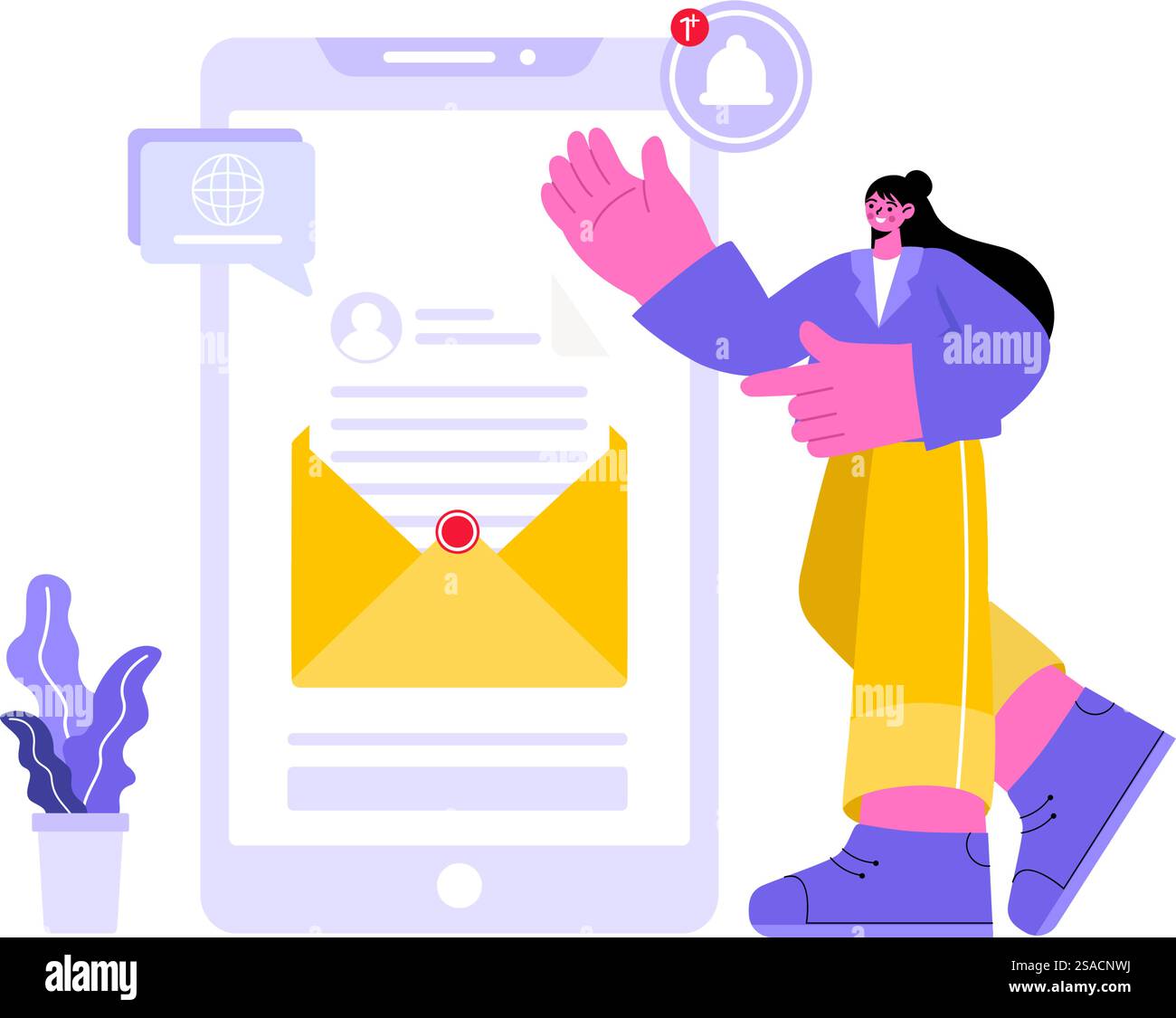 Illustrazione del vettore del servizio di posta elettronica con consegna della corrispondenza dei file, messaggistica di posta elettronica e marketing aziendale in un unico sfondo Illustrazione Vettoriale