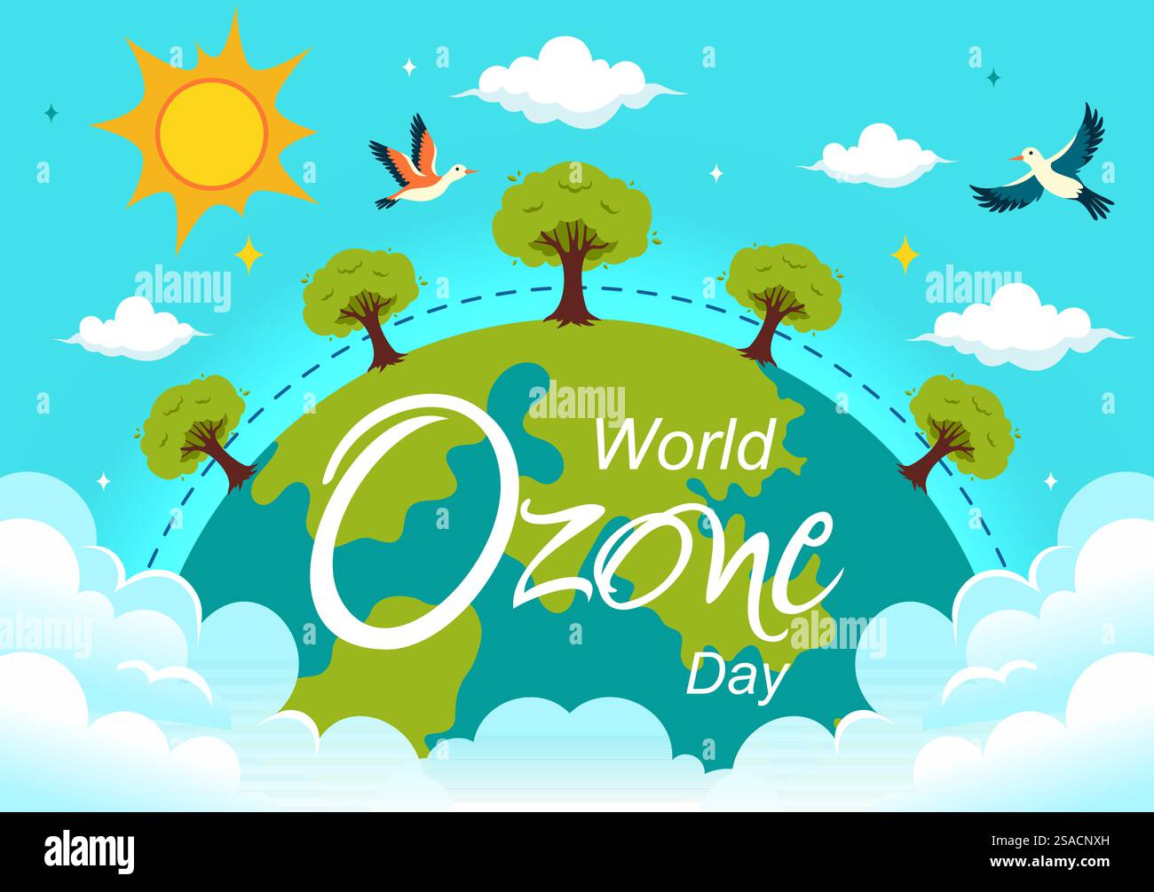 Illustrazione vettoriale della giornata mondiale dell'ozono il 16 settembre per sensibilizzare l'opinione pubblica sullo strato terrestre e sulla protezione dell'ambiente su sfondo piatto Illustrazione Vettoriale