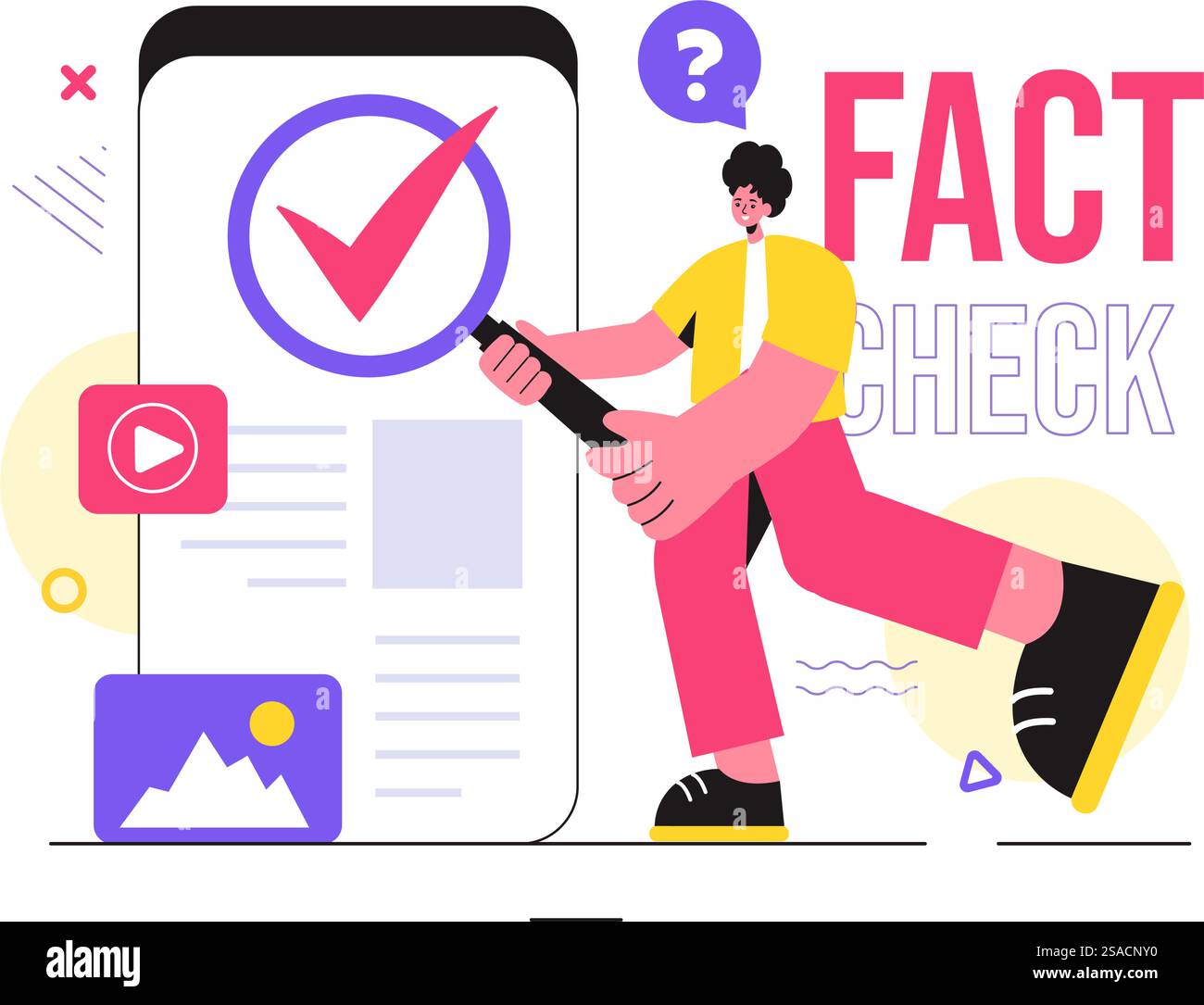 Fact or Fake Check News Vector Illustration with Myths vs Facts per una verifica approfondita e un confronto delle prove in uno sfondo in stile fumetto piatto Illustrazione Vettoriale