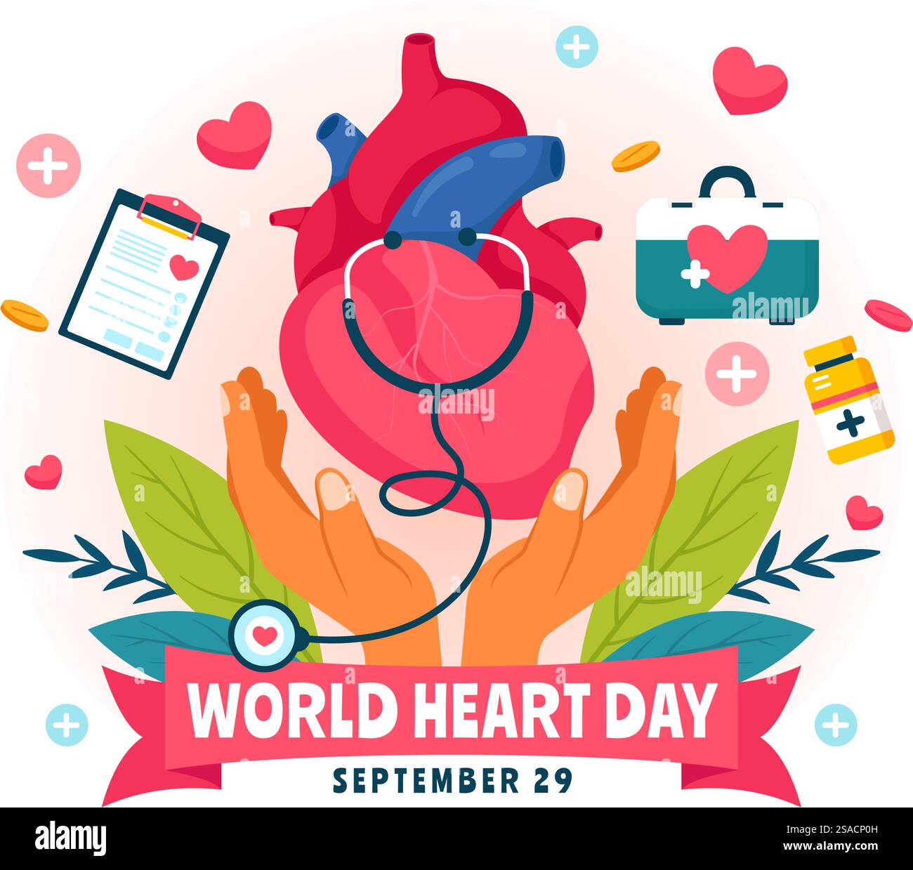 Illustrazione vettoriale della giornata mondiale del cuore il 29 settembre per aumentare la consapevolezza sull'importanza della salute, della cura e della prevenzione delle malattie in background Illustrazione Vettoriale