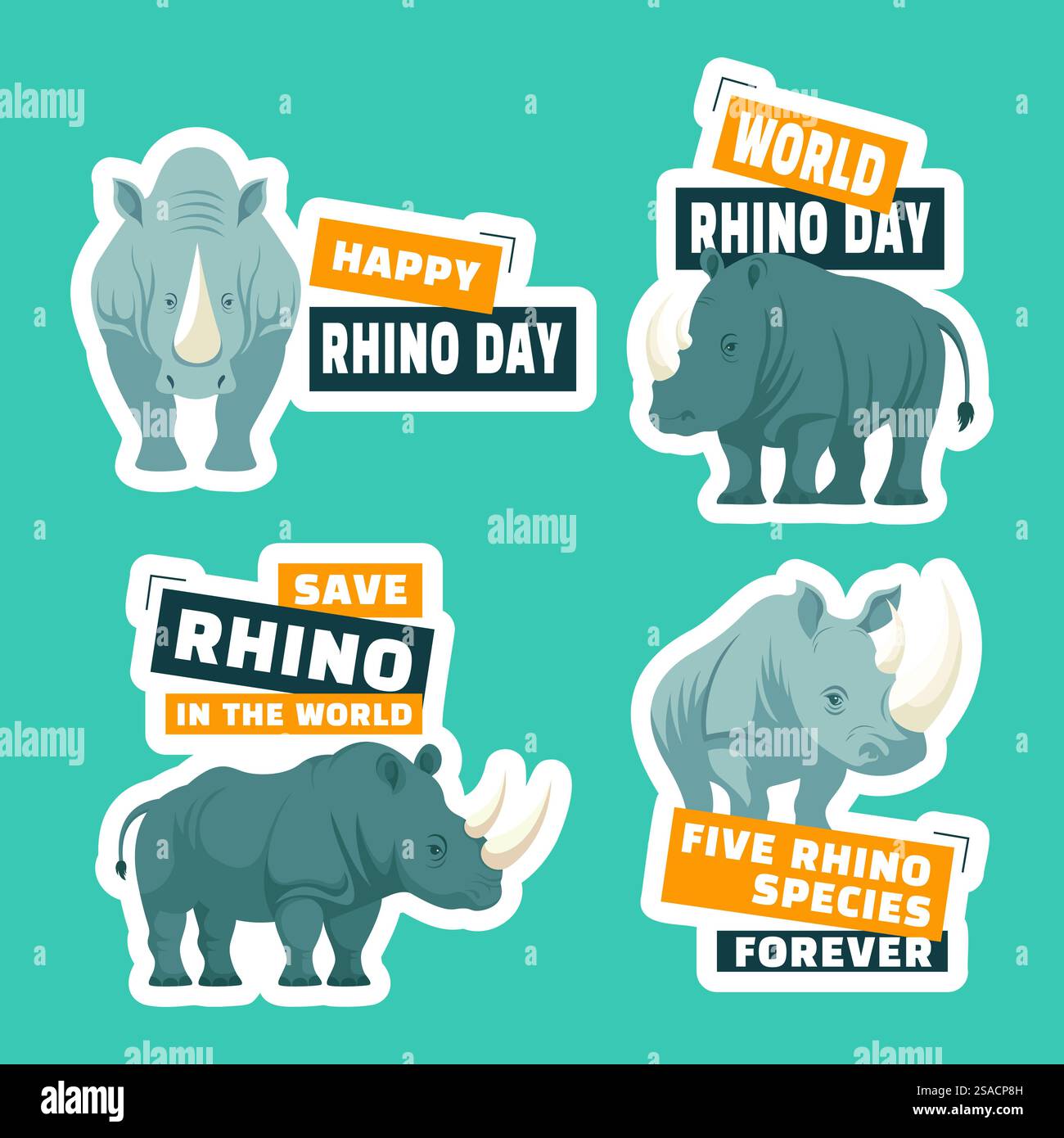 Illustrazione di sfondo dei modelli disegnati a mano di Rhino Day Label Flat Cartoon Illustrazione Vettoriale