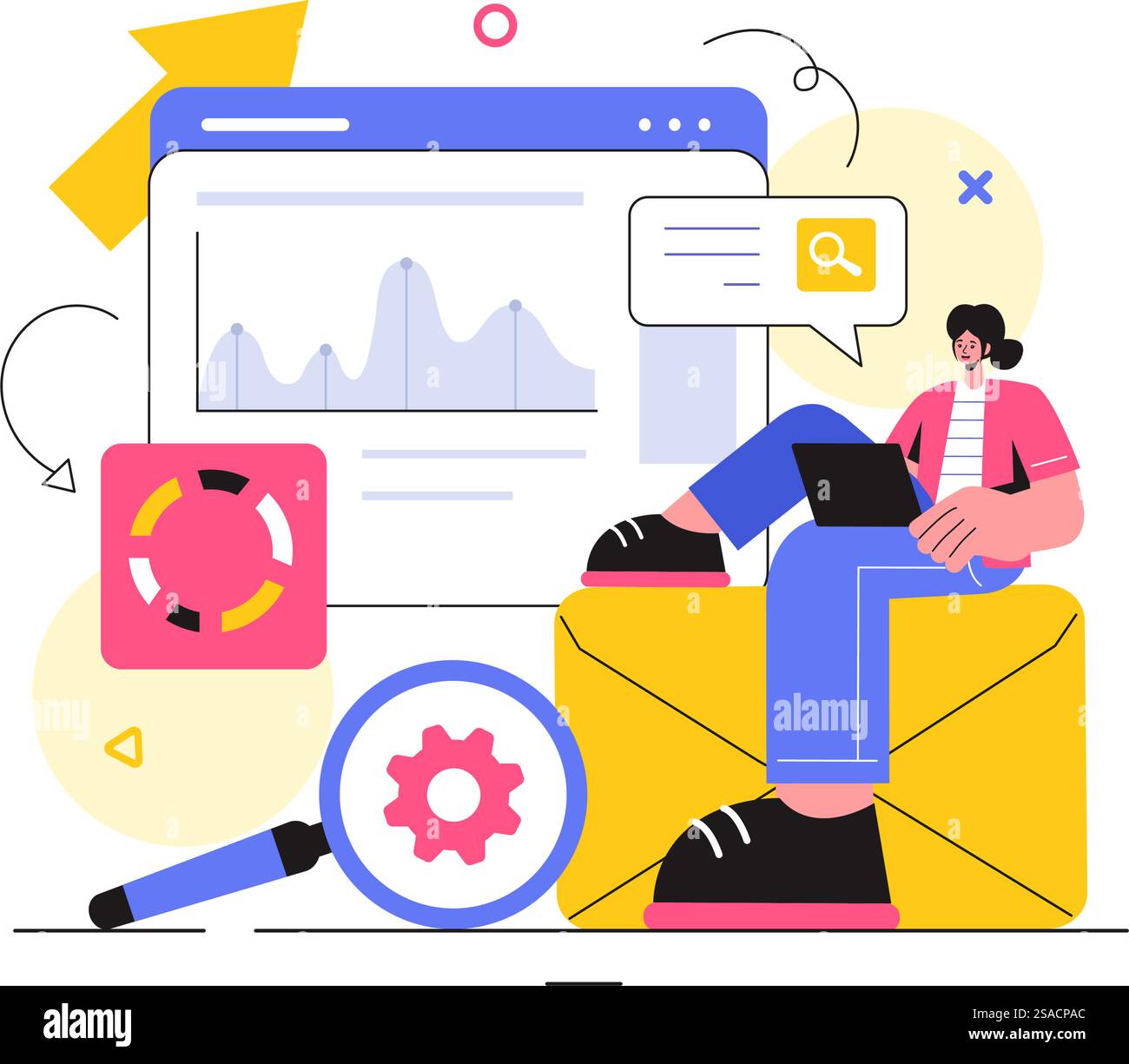 Analisi e ricerche di mercato illustrazione vettoriale con gestione dei team e analisi per la creazione di statistiche dei dati in un contesto di fumetti in stile flat Illustrazione Vettoriale