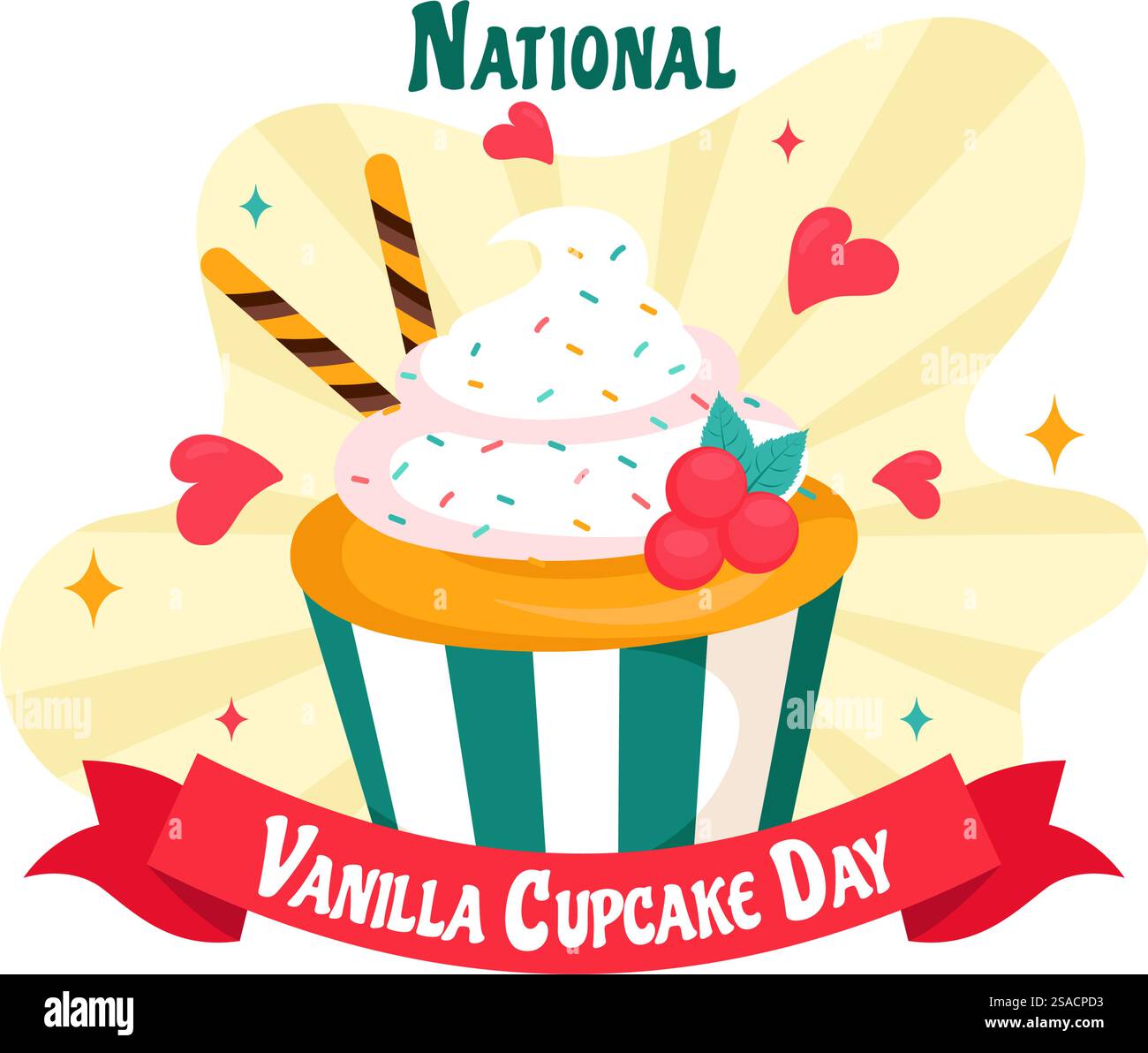 Illustrazione vettoriale National Vanilla Cupcake Day il 10 novembre con Cupcakes ricoperti di spandiconcime, fragole e crema alla vaniglia sullo sfondo Illustrazione Vettoriale