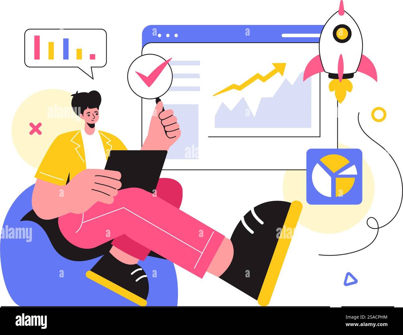 Analisi e ricerche di mercato illustrazione vettoriale con gestione dei team e analisi per la creazione di statistiche dei dati in un contesto di fumetti in stile flat Illustrazione Vettoriale