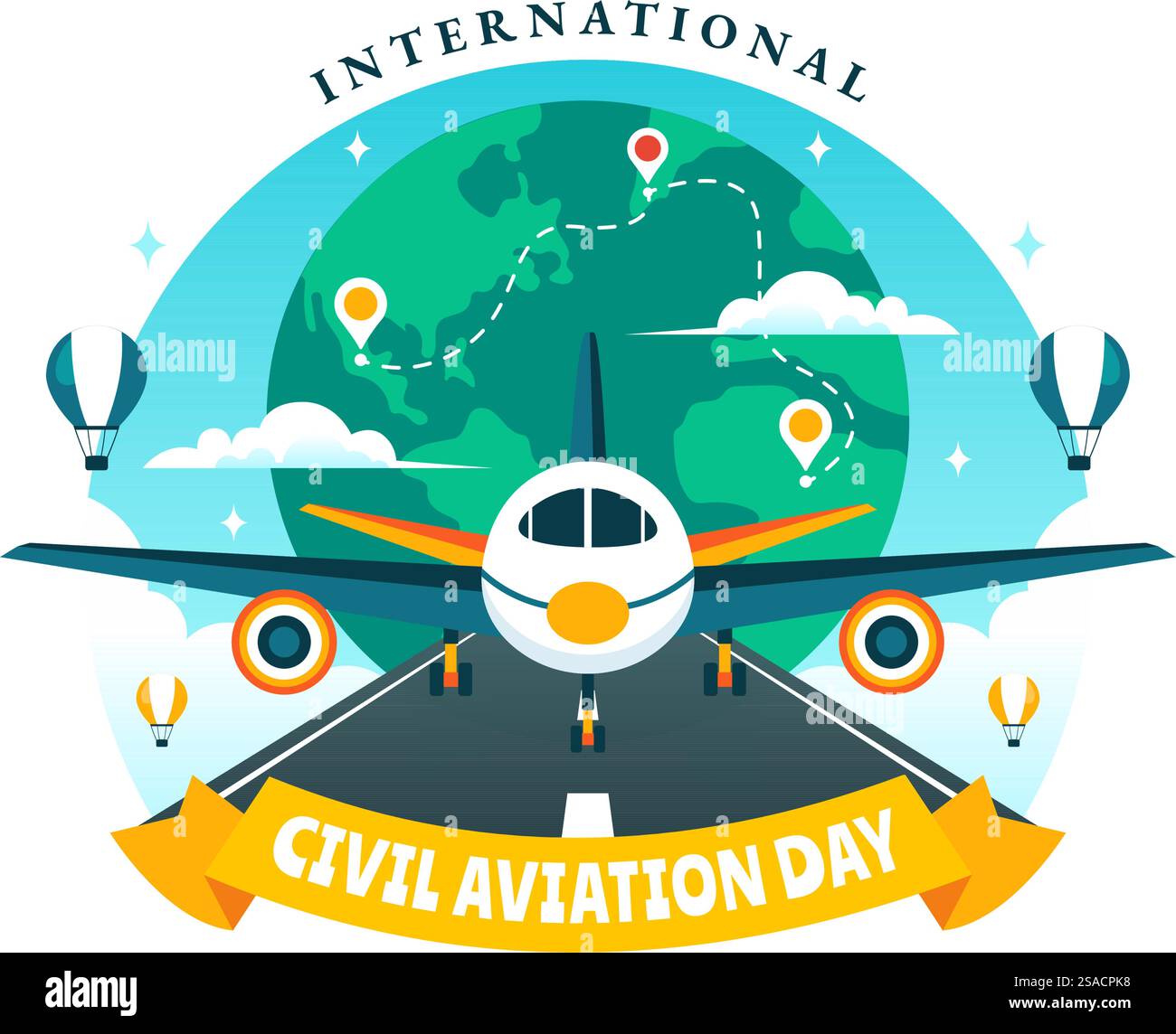 Illustrazione vettoriale della giornata internazionale dell'aviazione civile il 7 dicembre con Airplane e Sky Blue View in apprezzamento dell'aviazione su sfondo piatto Illustrazione Vettoriale