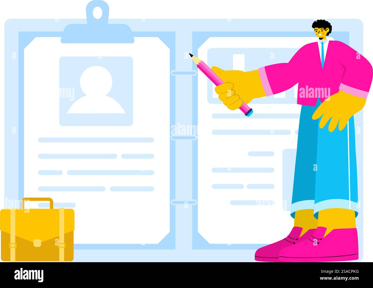 Illustrazione del vettore del portafoglio personale con dati del profilo, curriculum o auto-miglioramento per attirare clienti e datori di lavoro in un contesto di cartone animato Illustrazione Vettoriale