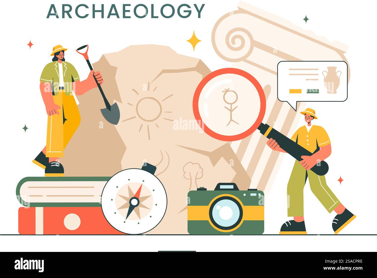 Illustrazione vettoriale di Archeologia che presenta uno scavo archeologico di antiche rovine, manufatti e fossili di dinosauri in uno sfondo piatto di cartoni animati Illustrazione Vettoriale