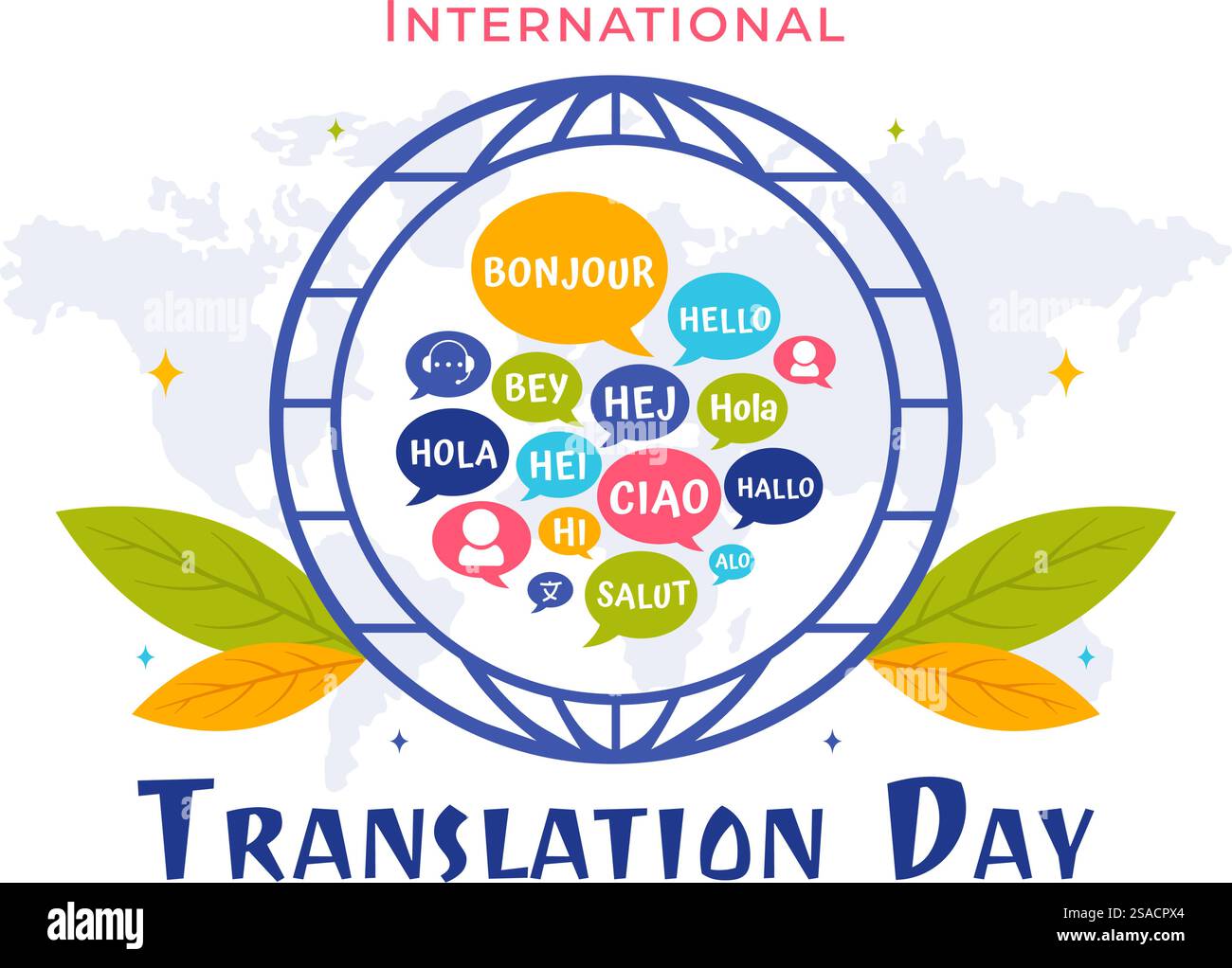 Traduzione mondiale o illustrazione della giornata della lingua di traduzione con saluti di benvenuto in diversi paesi e comunicazione internazionale multilingue Illustrazione Vettoriale