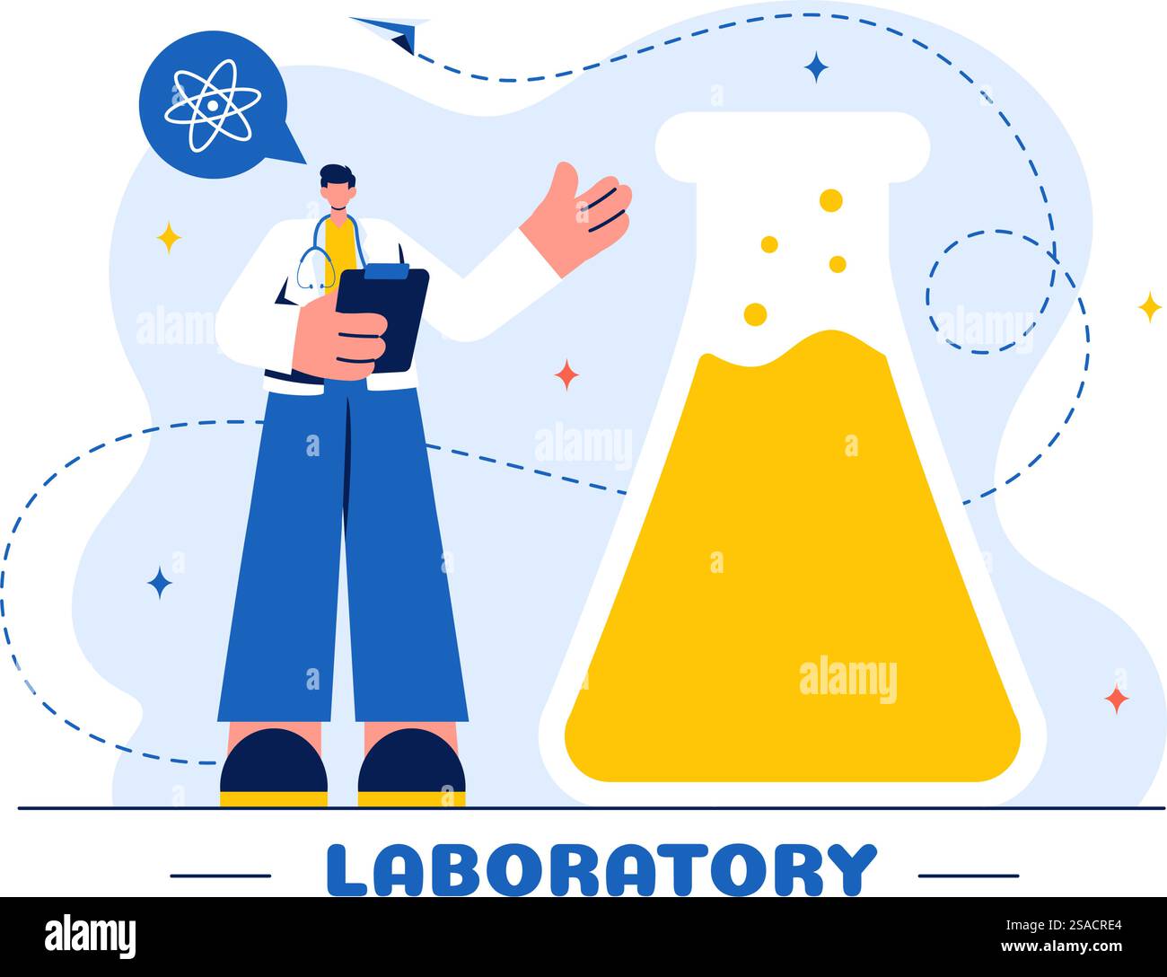 Un'illustrazione vettoriale di un laboratorio che conduce ricerche scientifiche, sperimentazioni e misurazioni su uno sfondo in stile cartone animato piatto Illustrazione Vettoriale