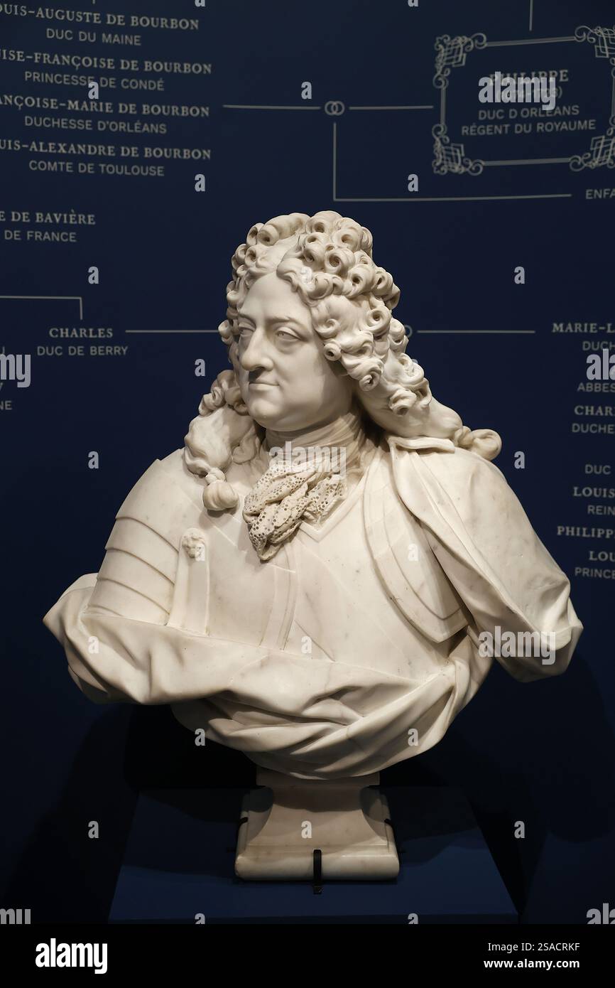 Museo Carnavalet, Parigi, Francia. Busto in marmo di Philippe d'Orleans, Reggente del Regno, 1715 di Jean-Louis Lemoyne, e genealogia sullo sfondo Foto Stock
