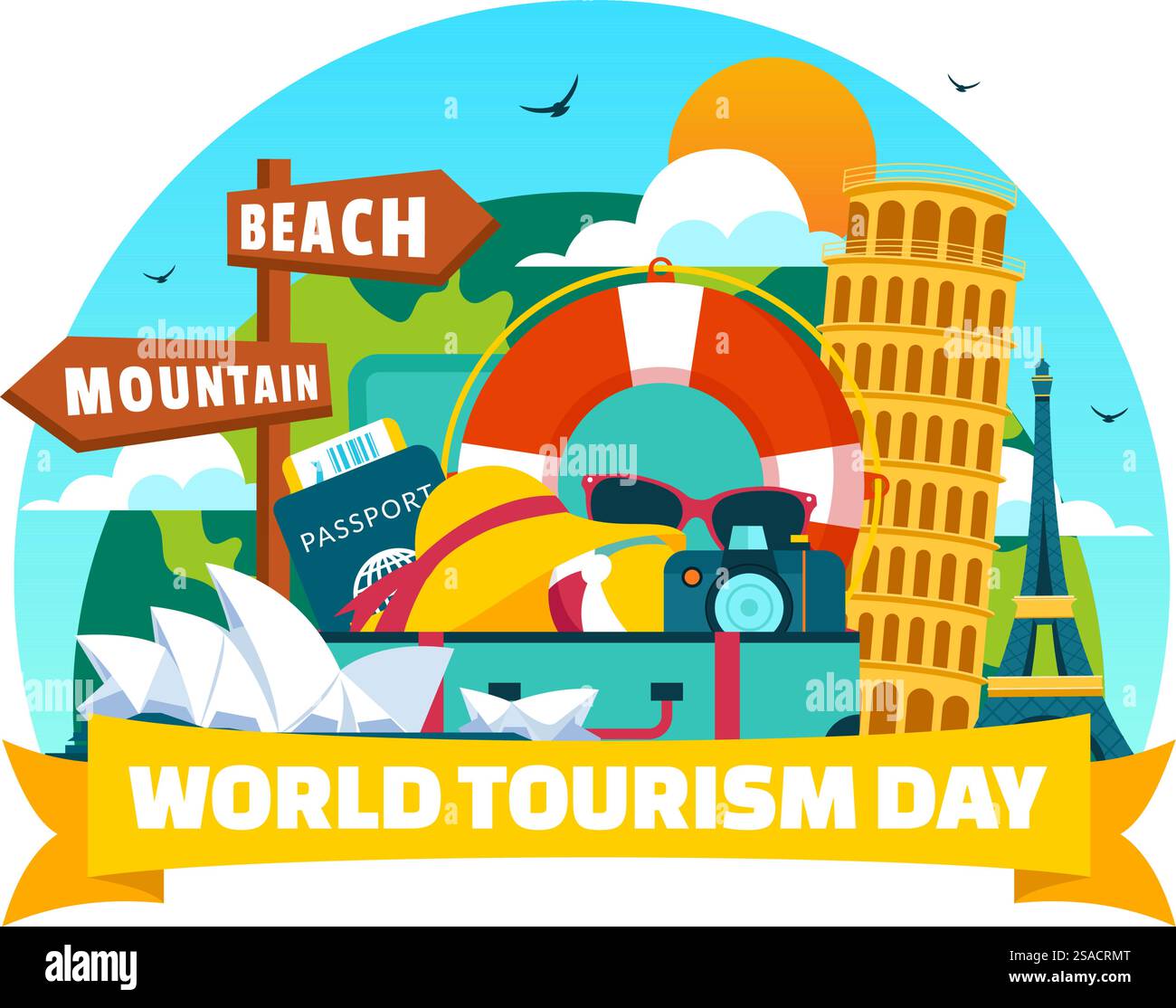 Illustrazione vettoriale della giornata Mondiale del Turismo con un globo e famosi monumenti, monumenti architettonici e statue nazionali sullo sfondo di un cartone animato Illustrazione Vettoriale