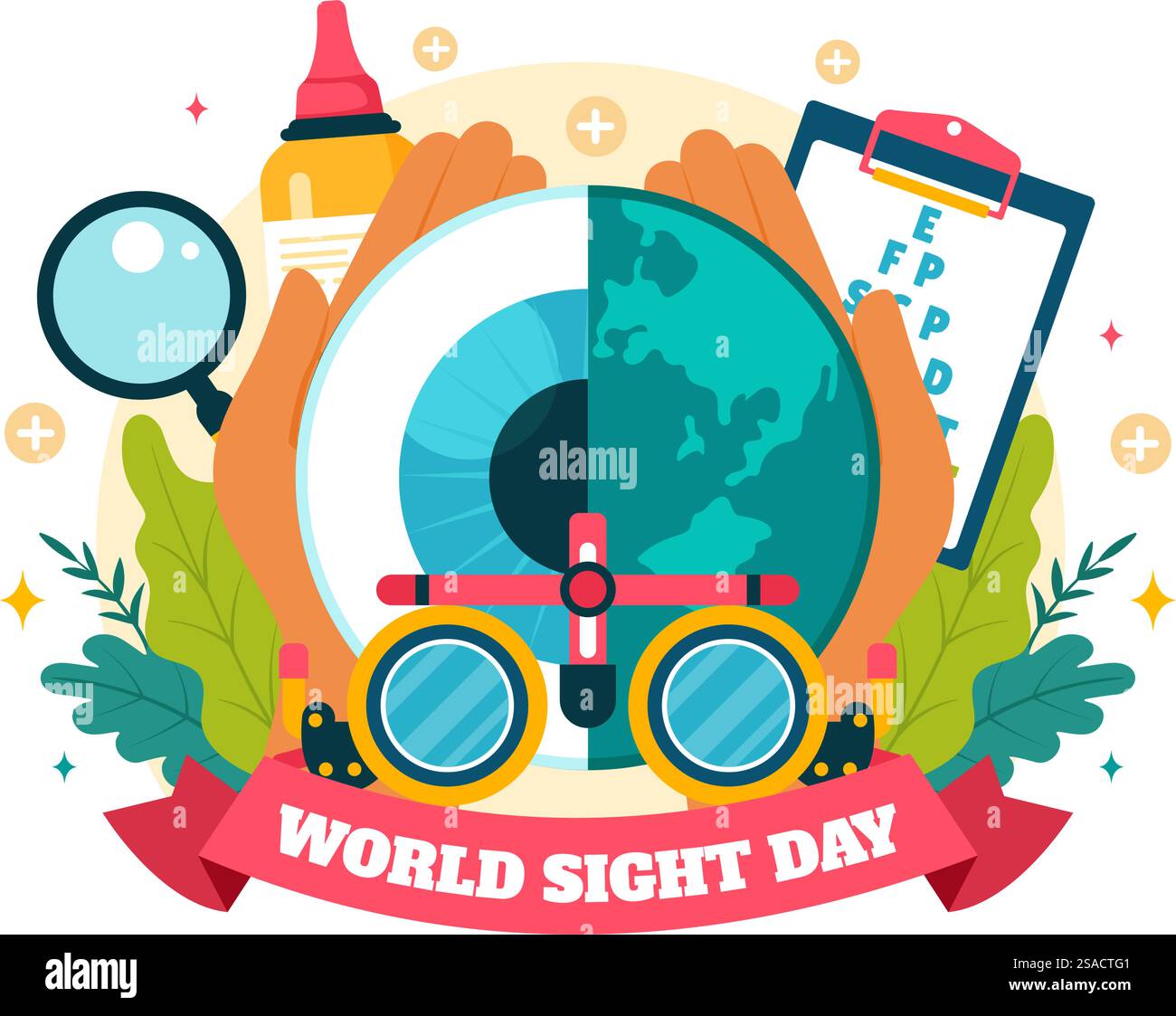 Illustrazione vettoriale della giornata mondiale della vista del 10 ottobre, con ispezione visiva, cecità e compromissione visiva su sfondo di cartone animato in stile piatto Illustrazione Vettoriale