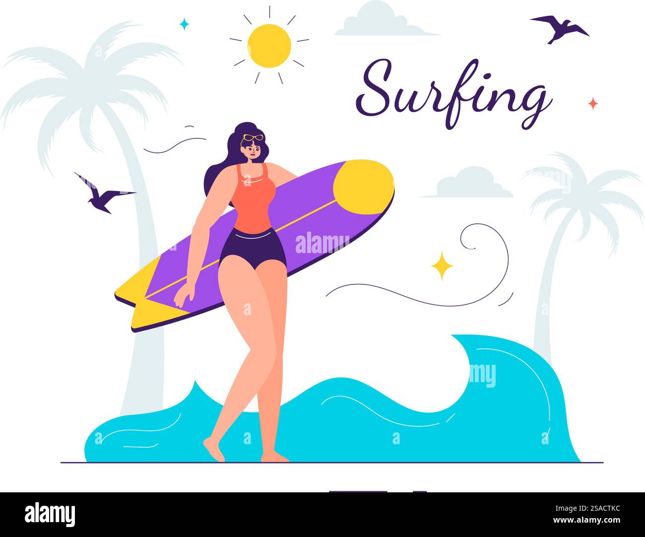 Summer Surfing Vector illustrazione di attività sportive acquatiche, con tavole da surf cavalcando onde oceaniche o galleggiando su uno sfondo di cartone animato in stile piatto Illustrazione Vettoriale