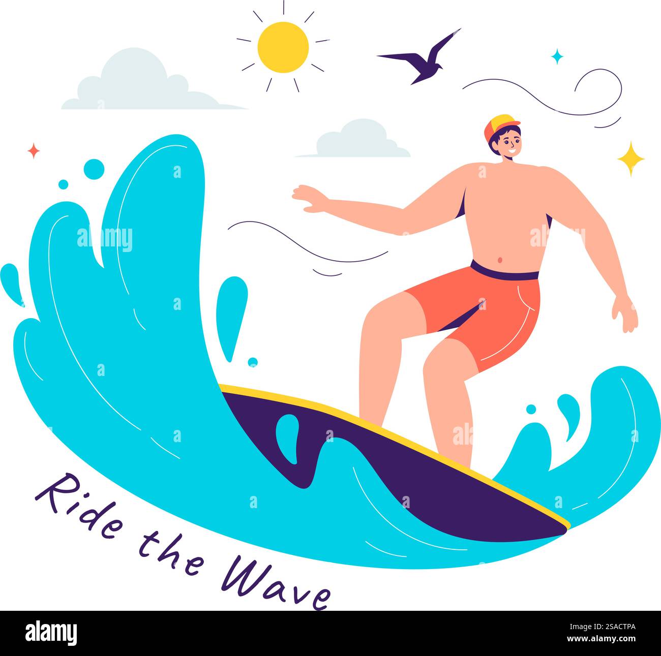 Summer Surfing Vector illustrazione di attività sportive acquatiche, con tavole da surf cavalcando onde oceaniche o galleggiando su uno sfondo di cartone animato in stile piatto Illustrazione Vettoriale