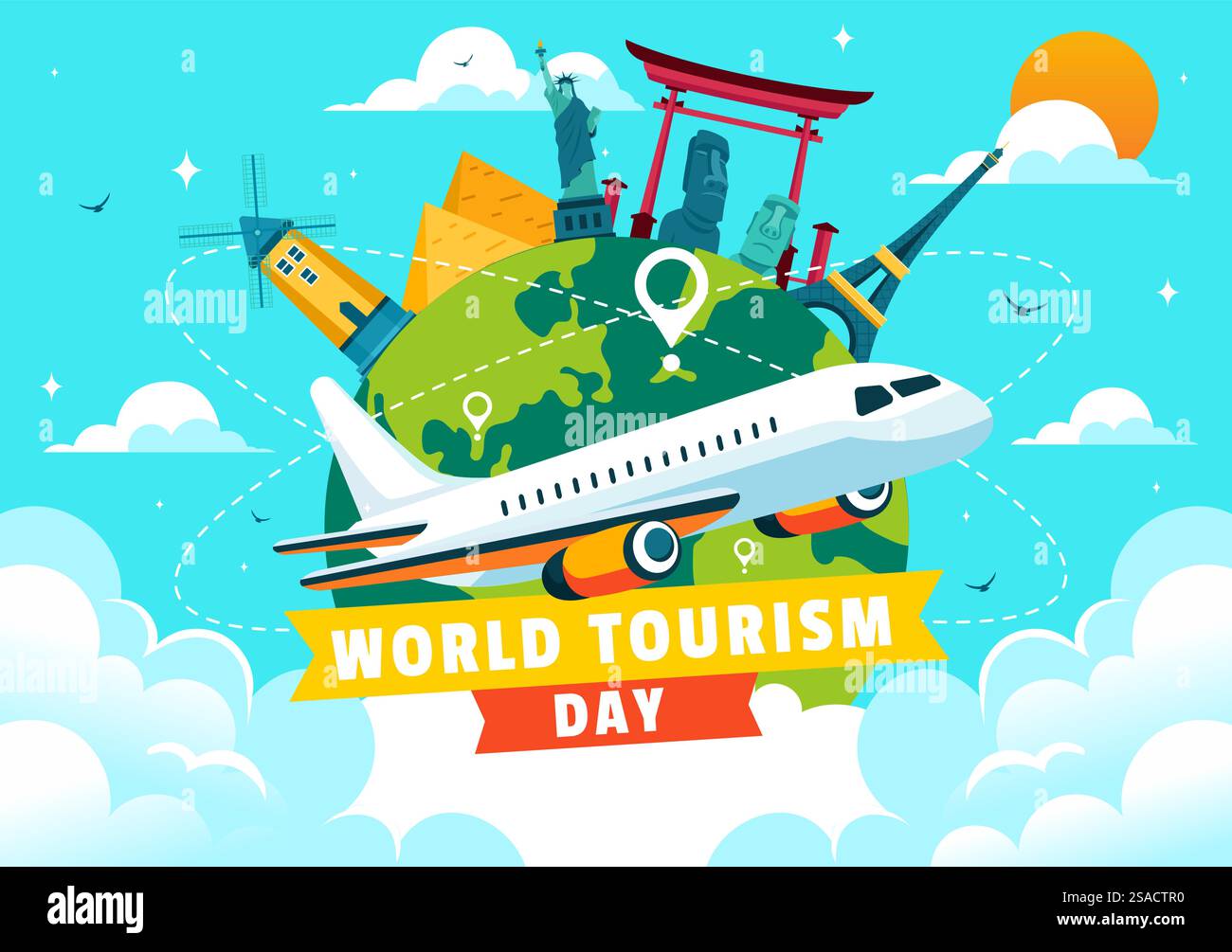 Illustrazione vettoriale della giornata Mondiale del Turismo con un globo e famosi monumenti, monumenti architettonici e statue nazionali sullo sfondo di un cartone animato Illustrazione Vettoriale