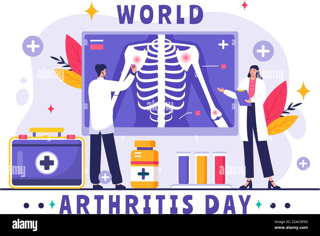 Illustrazione vettoriale della giornata mondiale dell'artrite per il 12 ottobre, con trattamento medico per reumatismi e osteoartrite, con una scansione a raggi X e osso Illustrazione Vettoriale