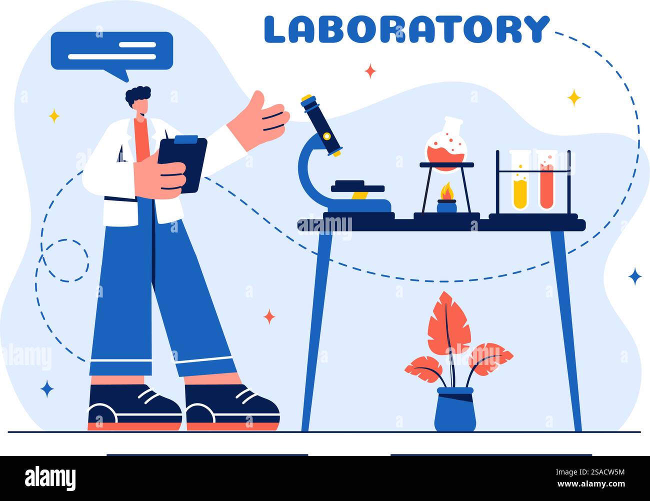 Un'illustrazione vettoriale di un laboratorio che conduce ricerche scientifiche, sperimentazioni e misurazioni su uno sfondo in stile cartone animato piatto Illustrazione Vettoriale