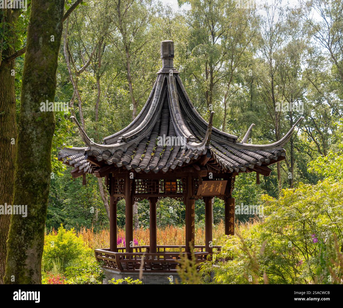 Il Music Pavilion nel Chinese Streamside Garden a RHS Bridgewater. Foto Stock