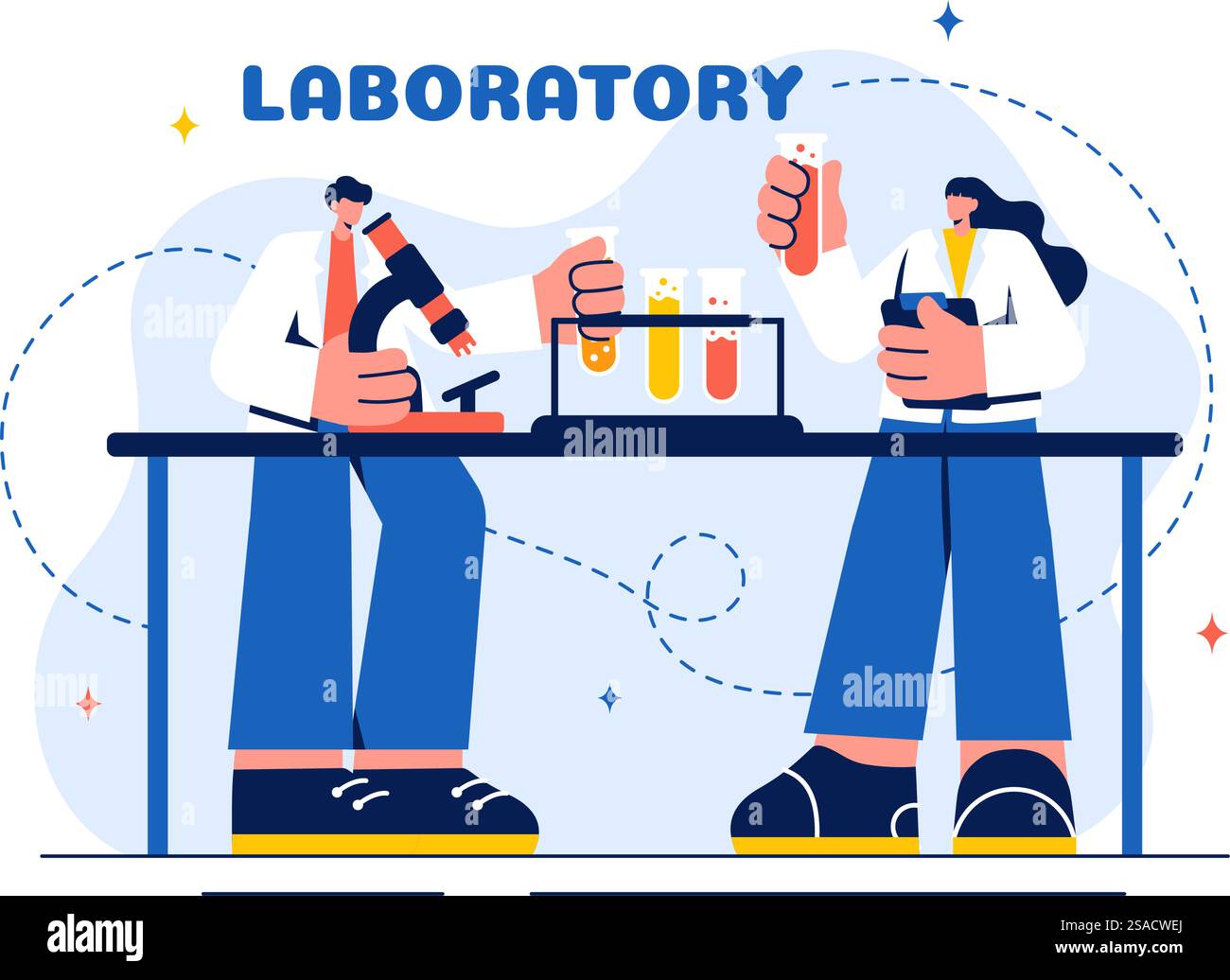 Un'illustrazione vettoriale di un laboratorio che conduce ricerche scientifiche, sperimentazioni e misurazioni su uno sfondo in stile cartone animato piatto Illustrazione Vettoriale