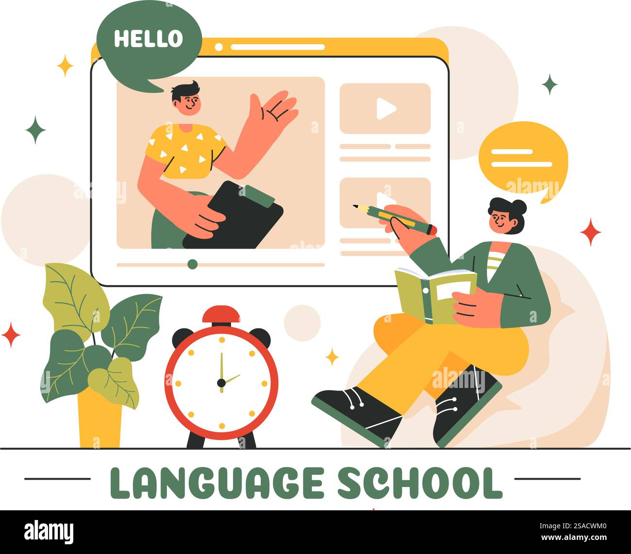Scuola di lingue illustrazione vettoriale di apprendimento online, corsi, programmi di formazione e studio di lingue straniere all'estero in un contesto di stile piatto Illustrazione Vettoriale